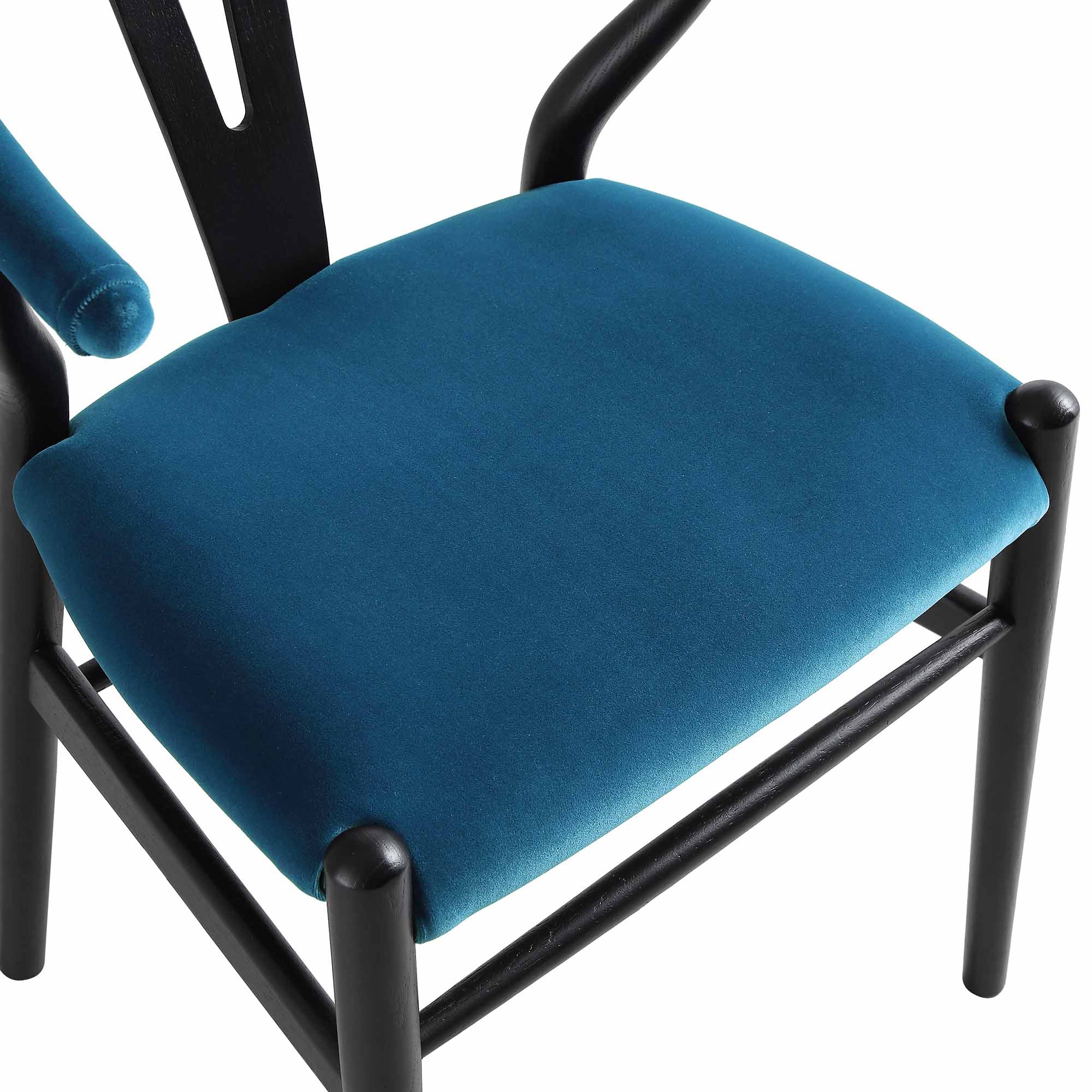 Hansel Wishbone Padded Dining Chair, Blue Velvet and Black Frame