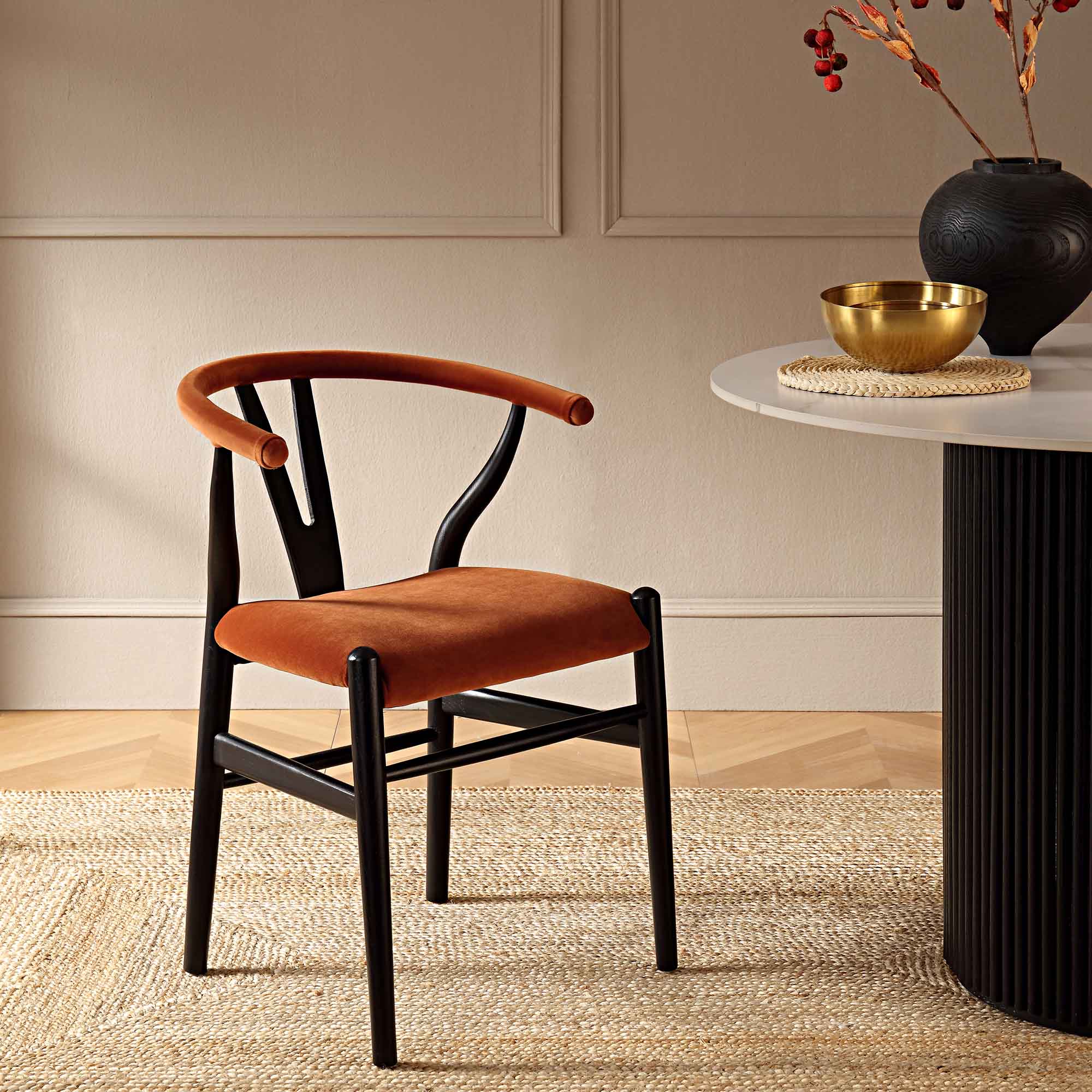 Hansel Wishbone Padded Dining Chair, Rust Velvet and Black Frame