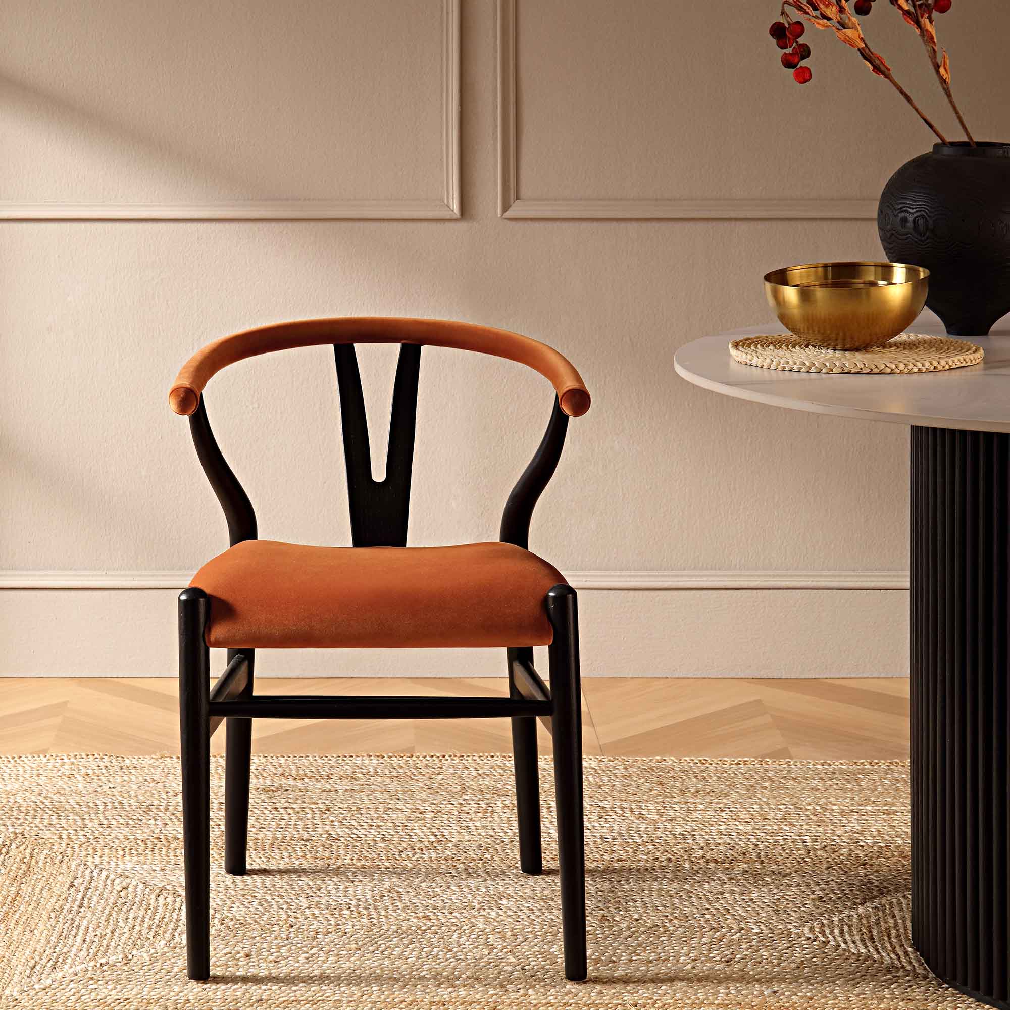 Hansel Wishbone Padded Dining Chair, Rust Velvet and Black Frame