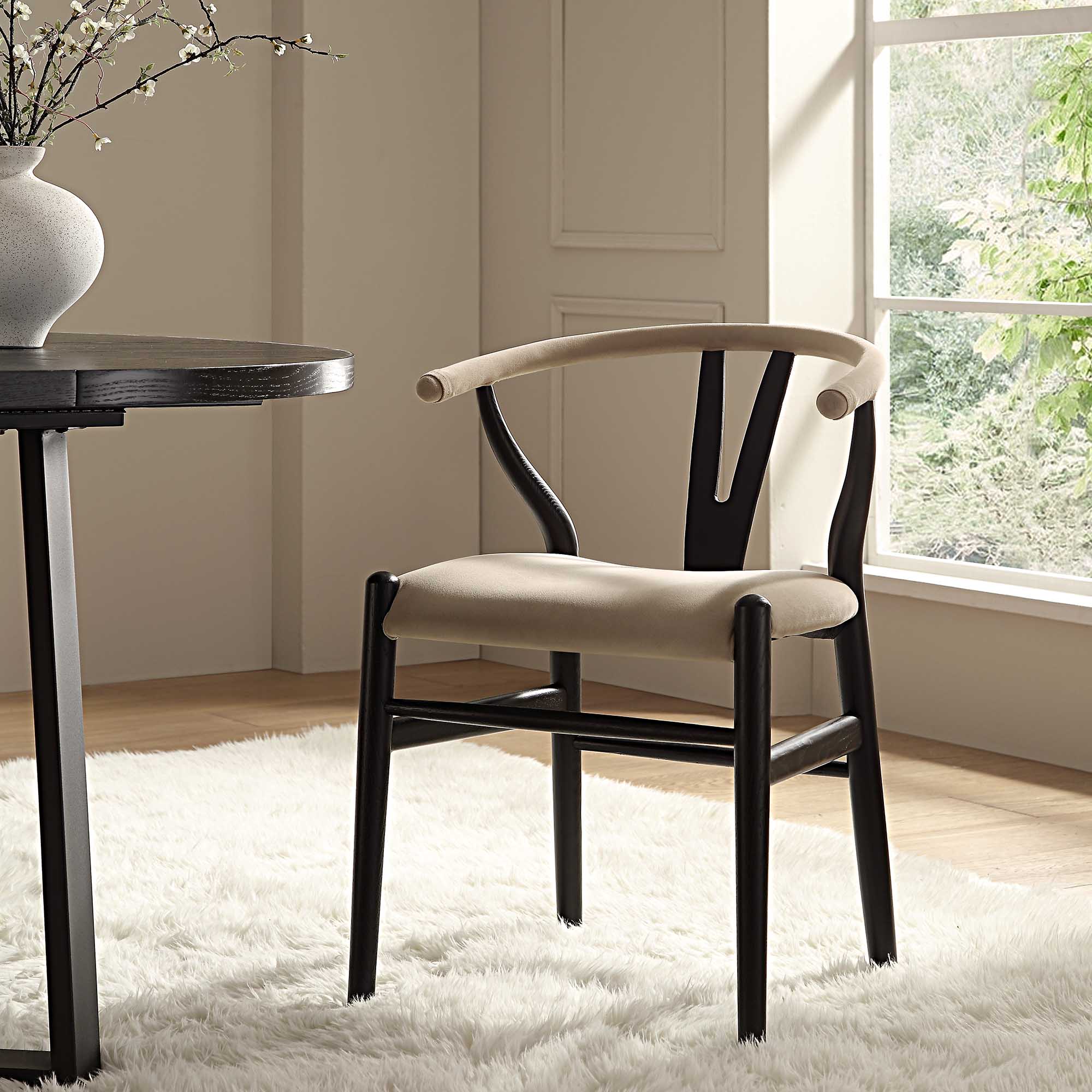 Hansel Wishbone Padded Dining Chair, Taupe Velvet and Black Frame