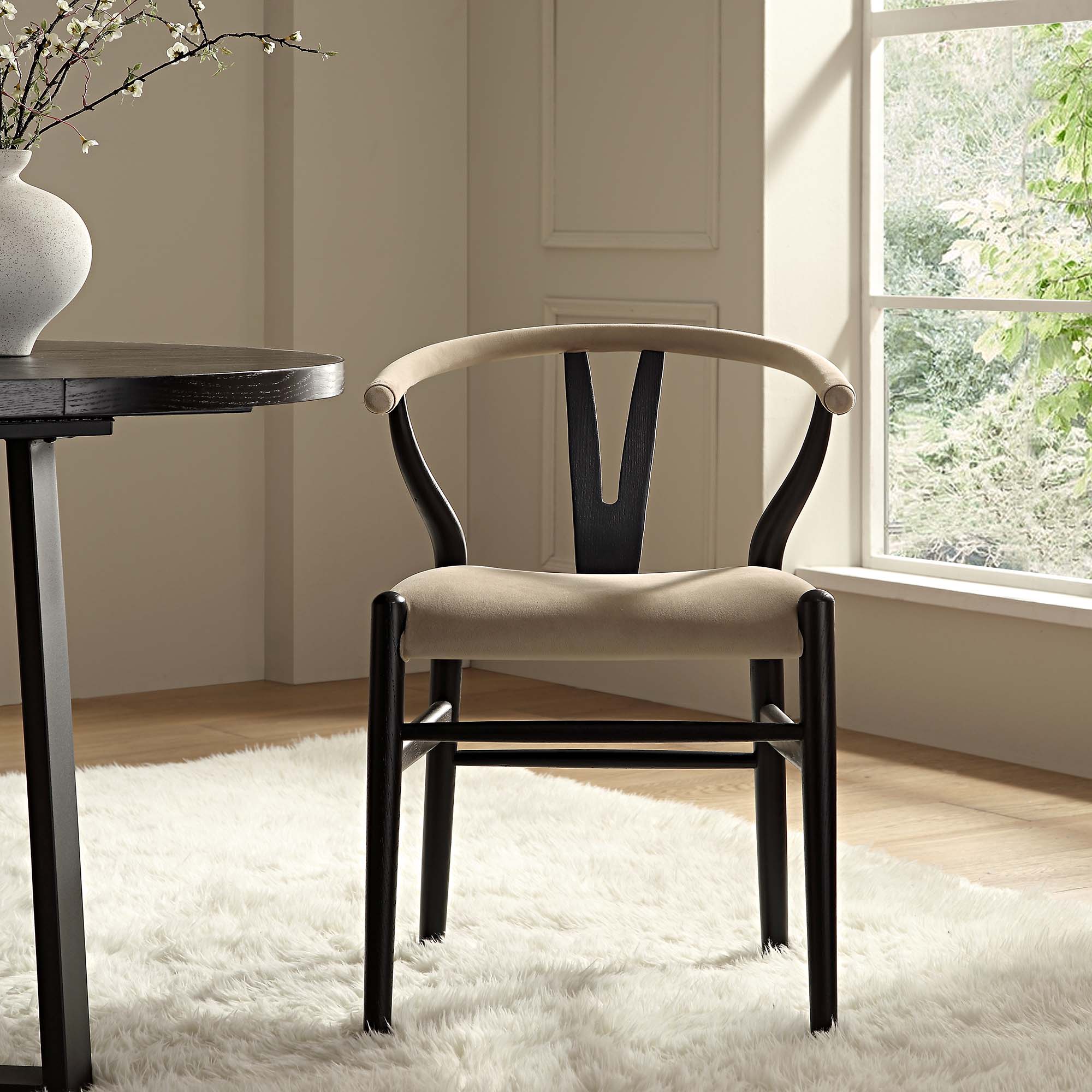 Hansel Wishbone Padded Dining Chair, Taupe Velvet and Black Frame