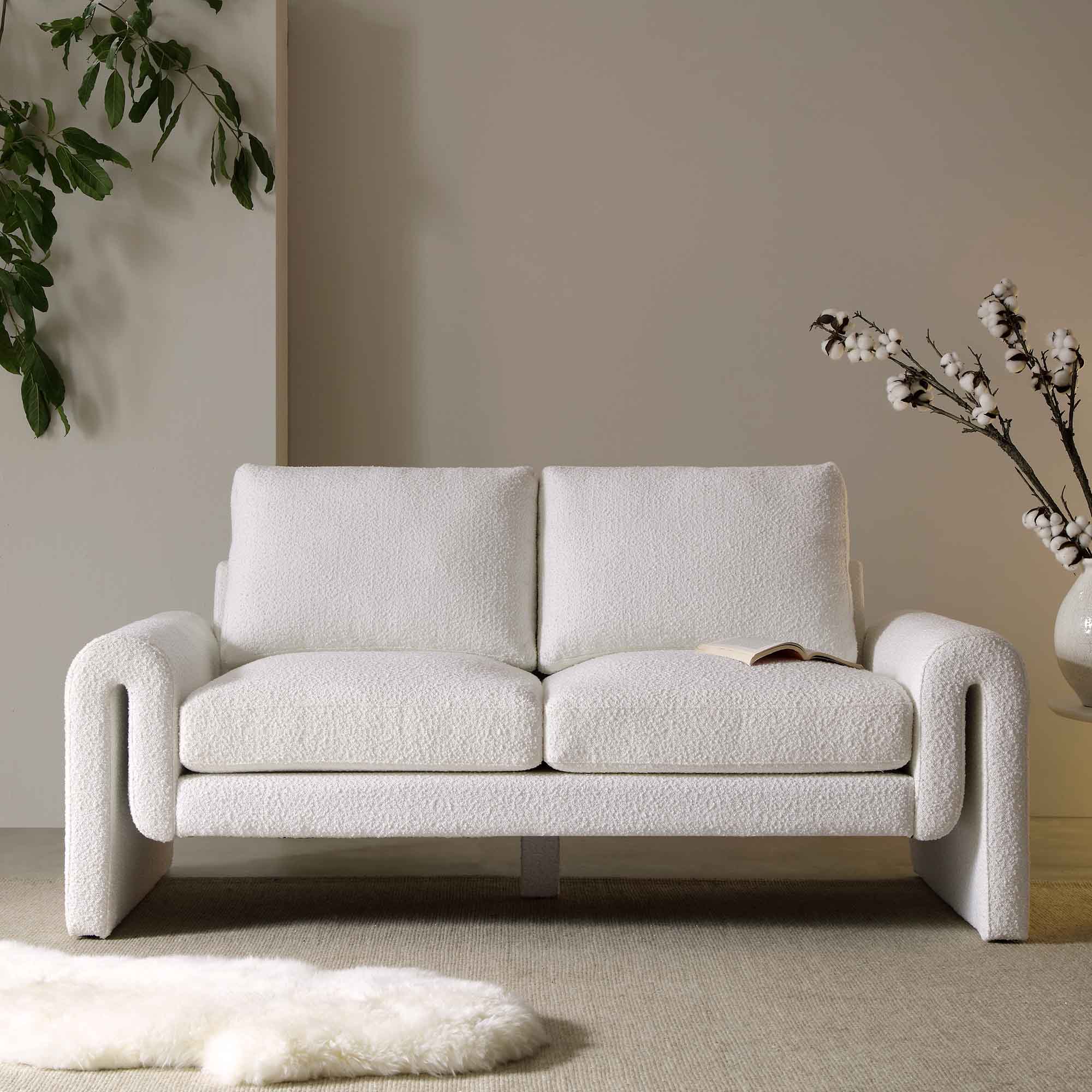 Hampstead White Boucle Curved 2-Seater Sofa