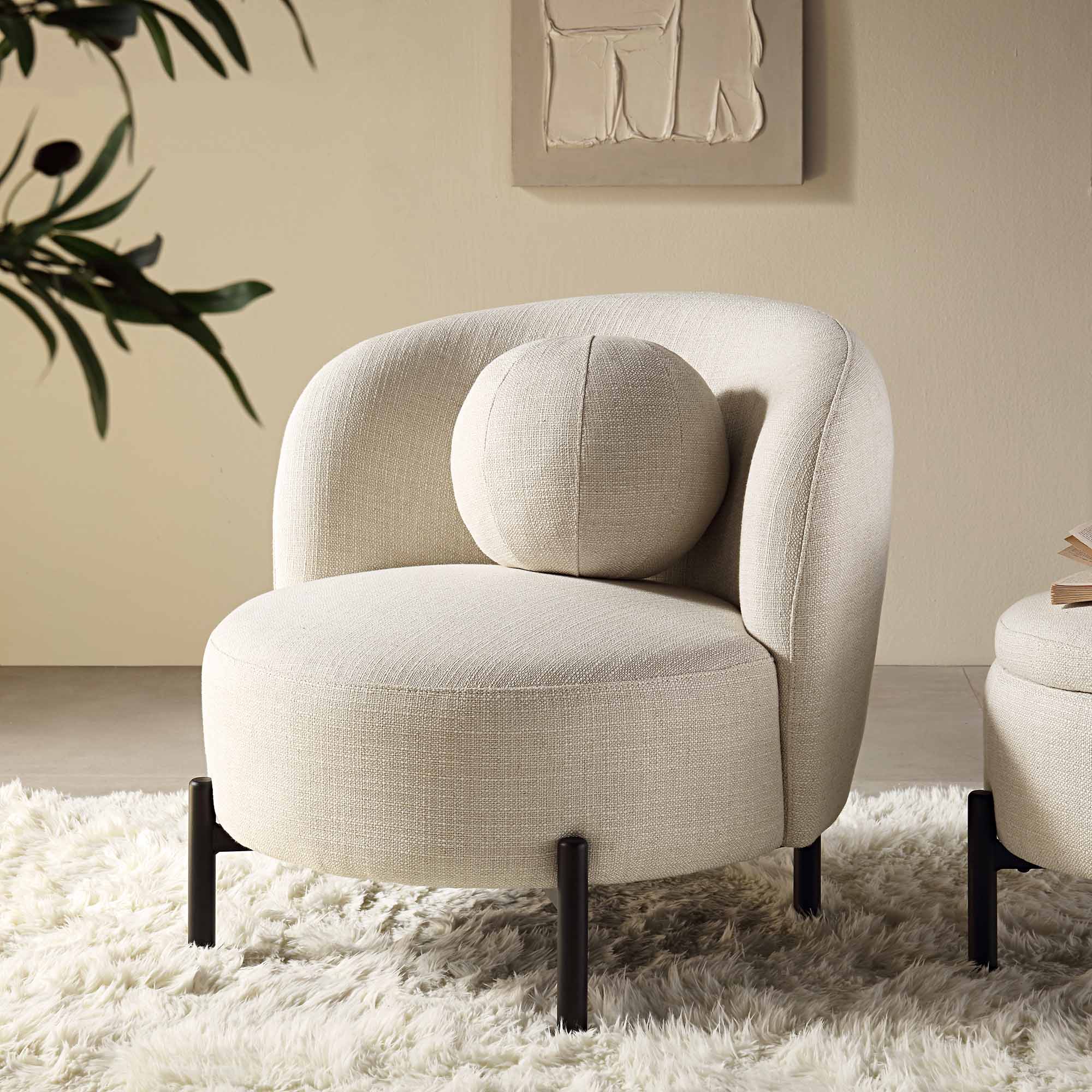 Amboise Armchair with Ball Cushion, Beige Linen Blend