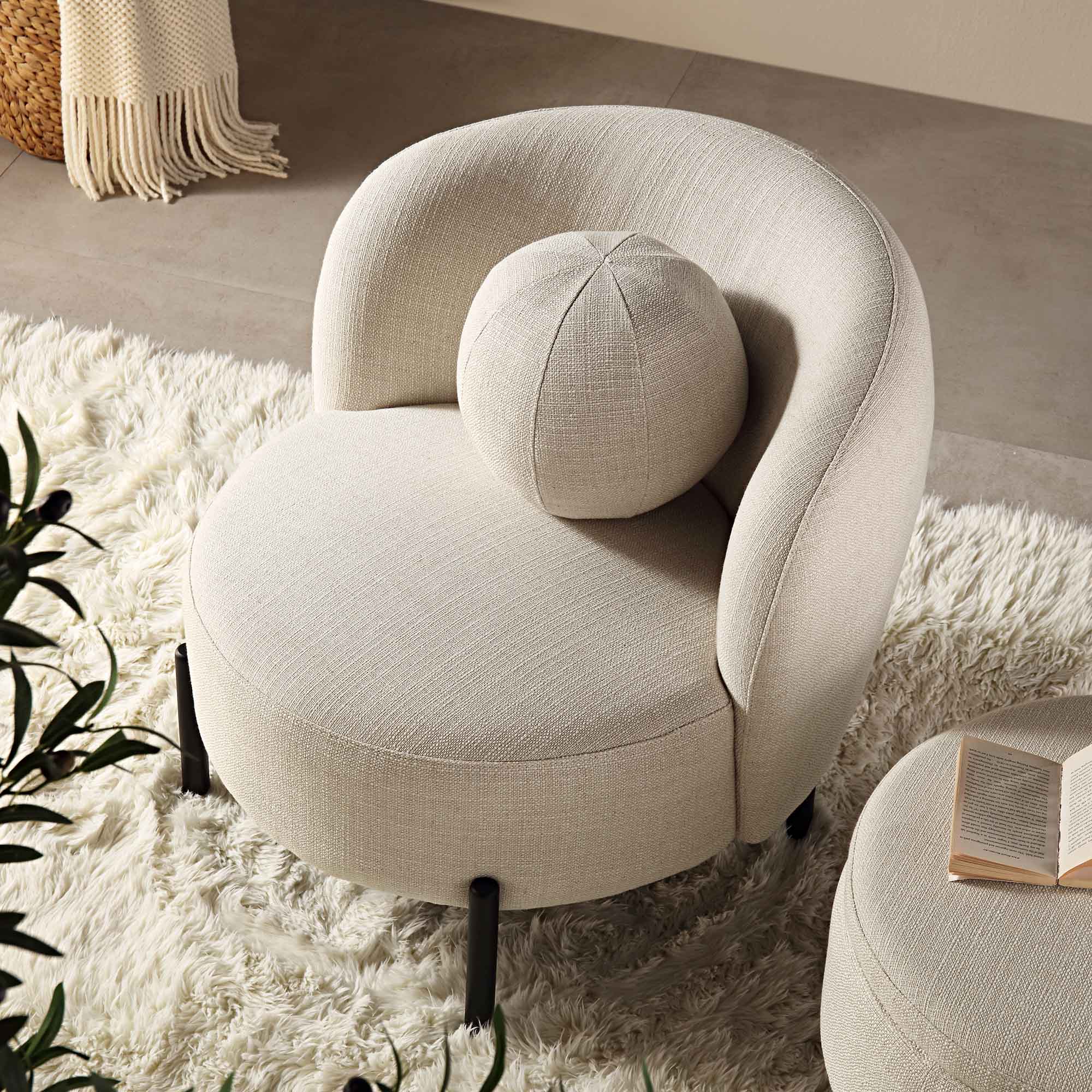 Amboise Armchair with Ball Cushion, Beige Linen Blend