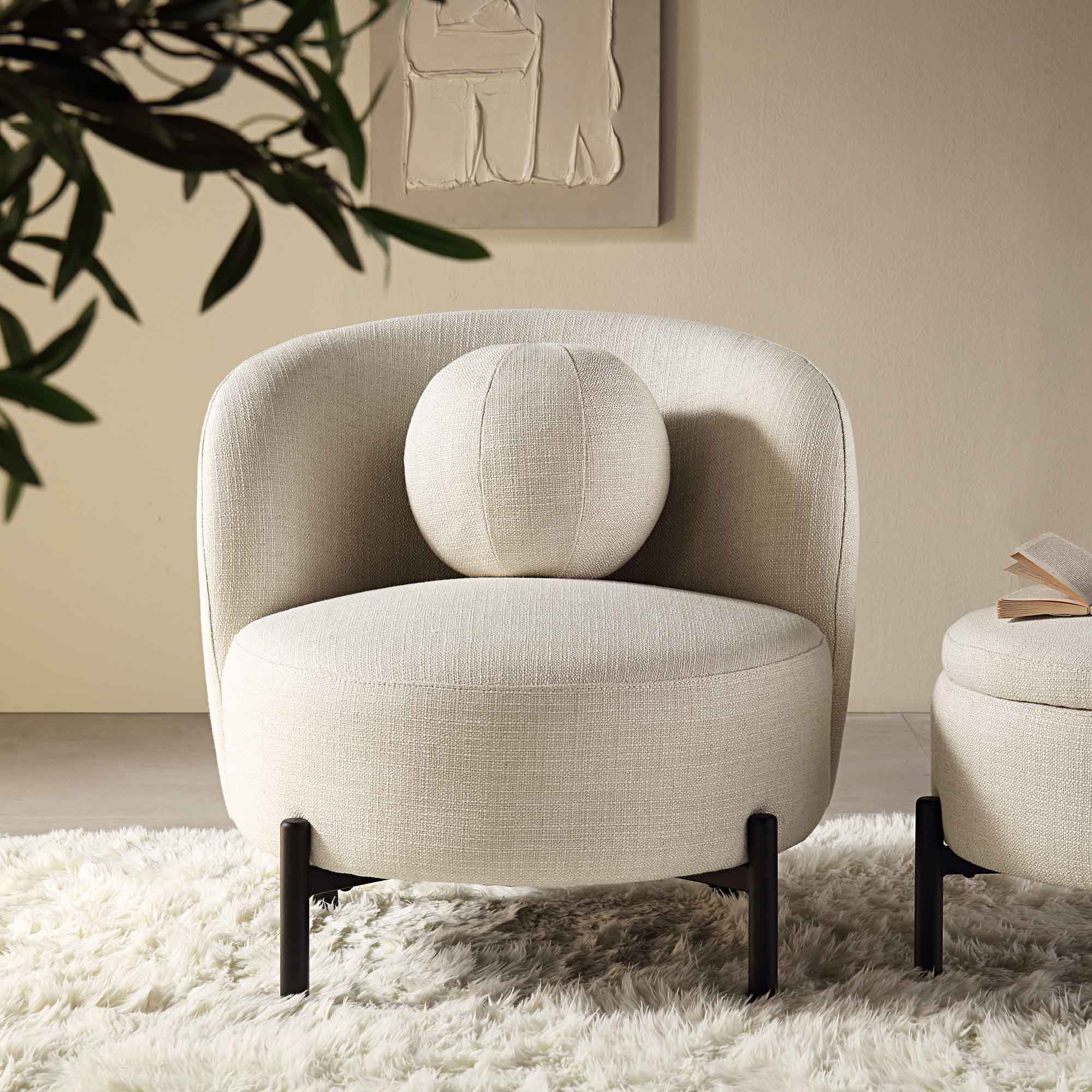 Amboise Armchair with Ball Cushion, Beige Linen Blend