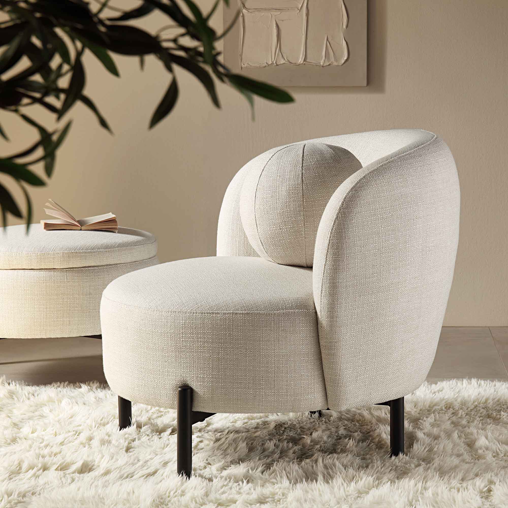 Amboise Armchair with Ball Cushion, Beige Linen Blend