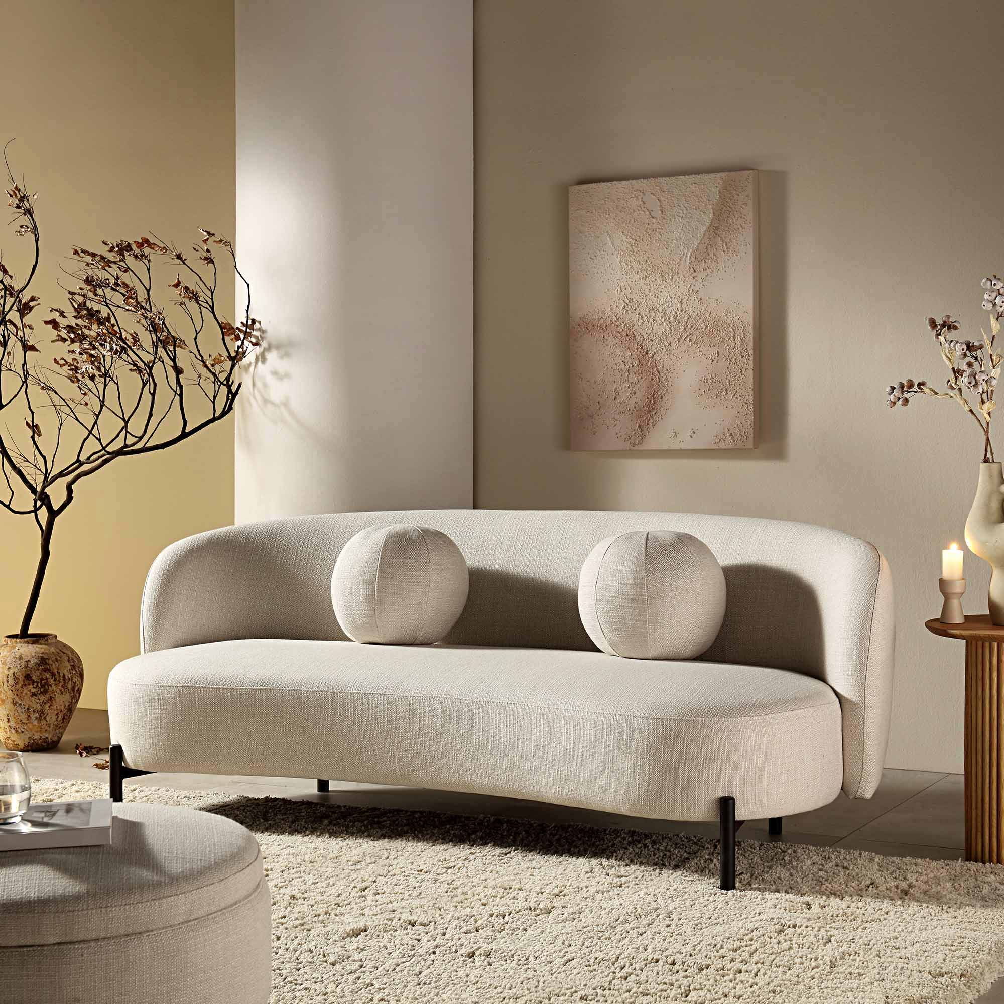 Amboise 3-Seater Curved Sofa with Ball Cushions, Beige Linen Blend