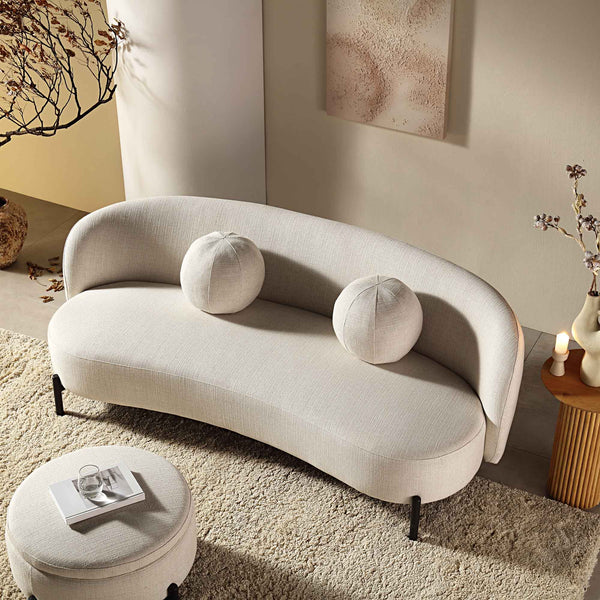 Amboise 3-Seater Curved Sofa with Ball Cushions, Beige Linen Blend