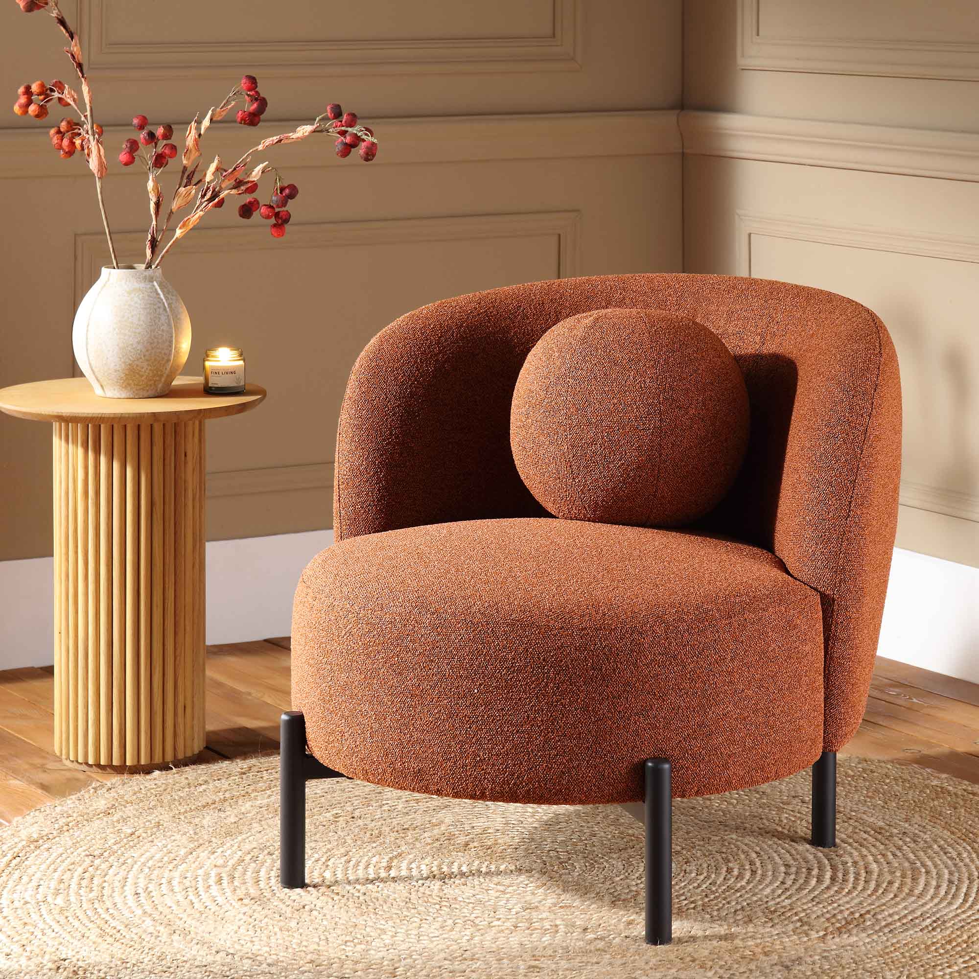 Amboise Armchair with Ball Cushion, Brick Boucle