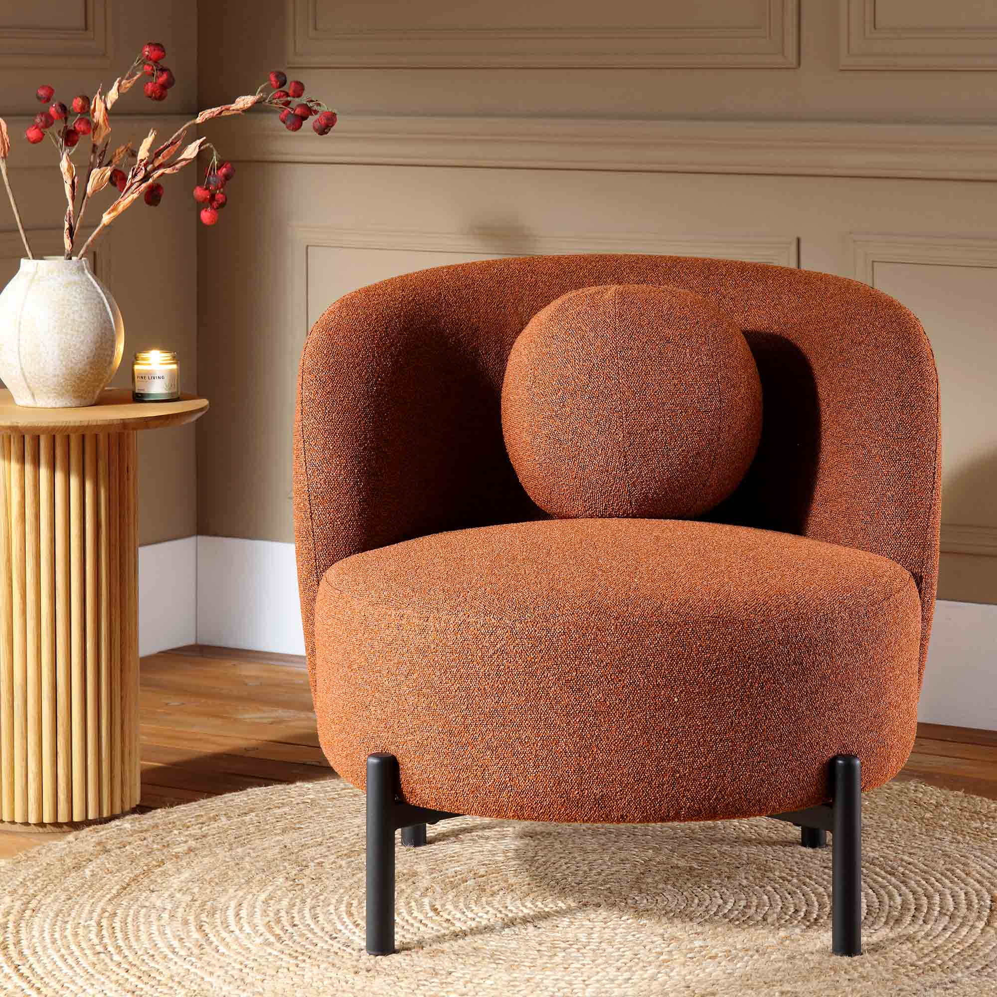 Amboise Armchair with Ball Cushion, Brick Boucle