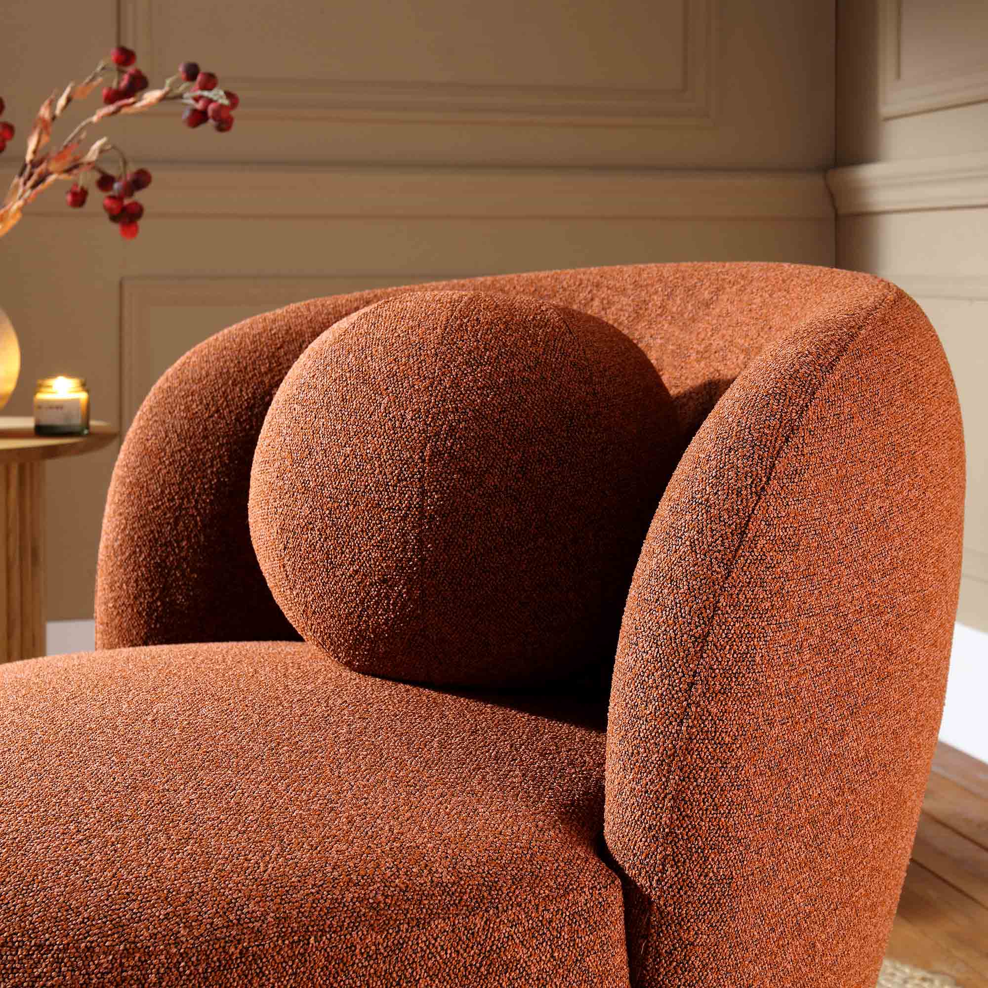 Amboise Armchair with Ball Cushion, Brick Boucle