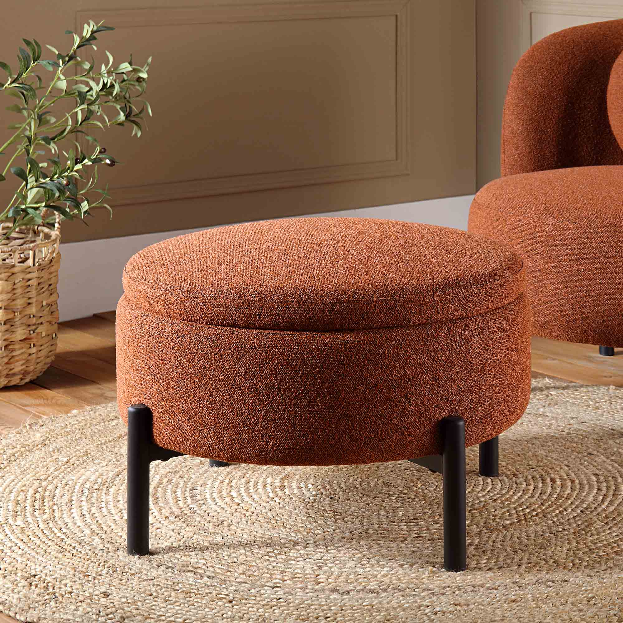 Amboise Round Storage Pouffe, Brick Boucle