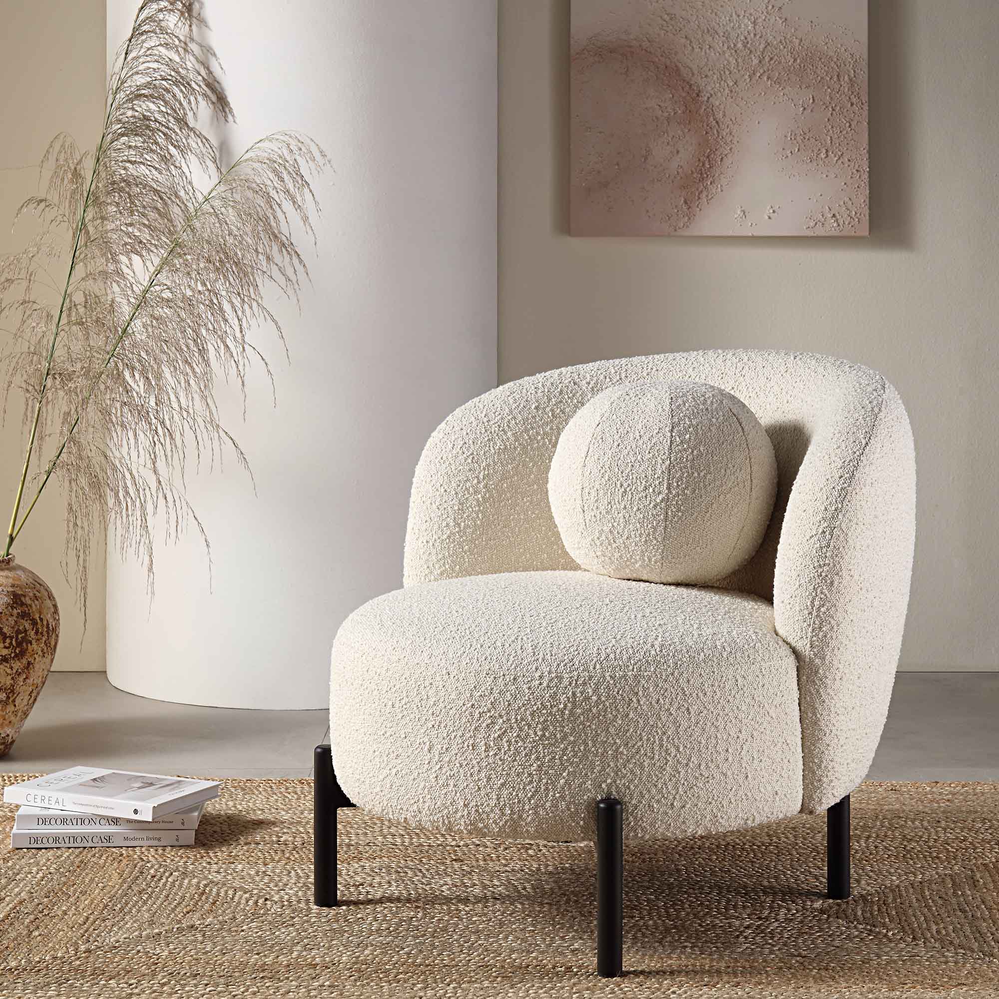 Amboise Armchair with Ball Cushion, Ecru Boucle