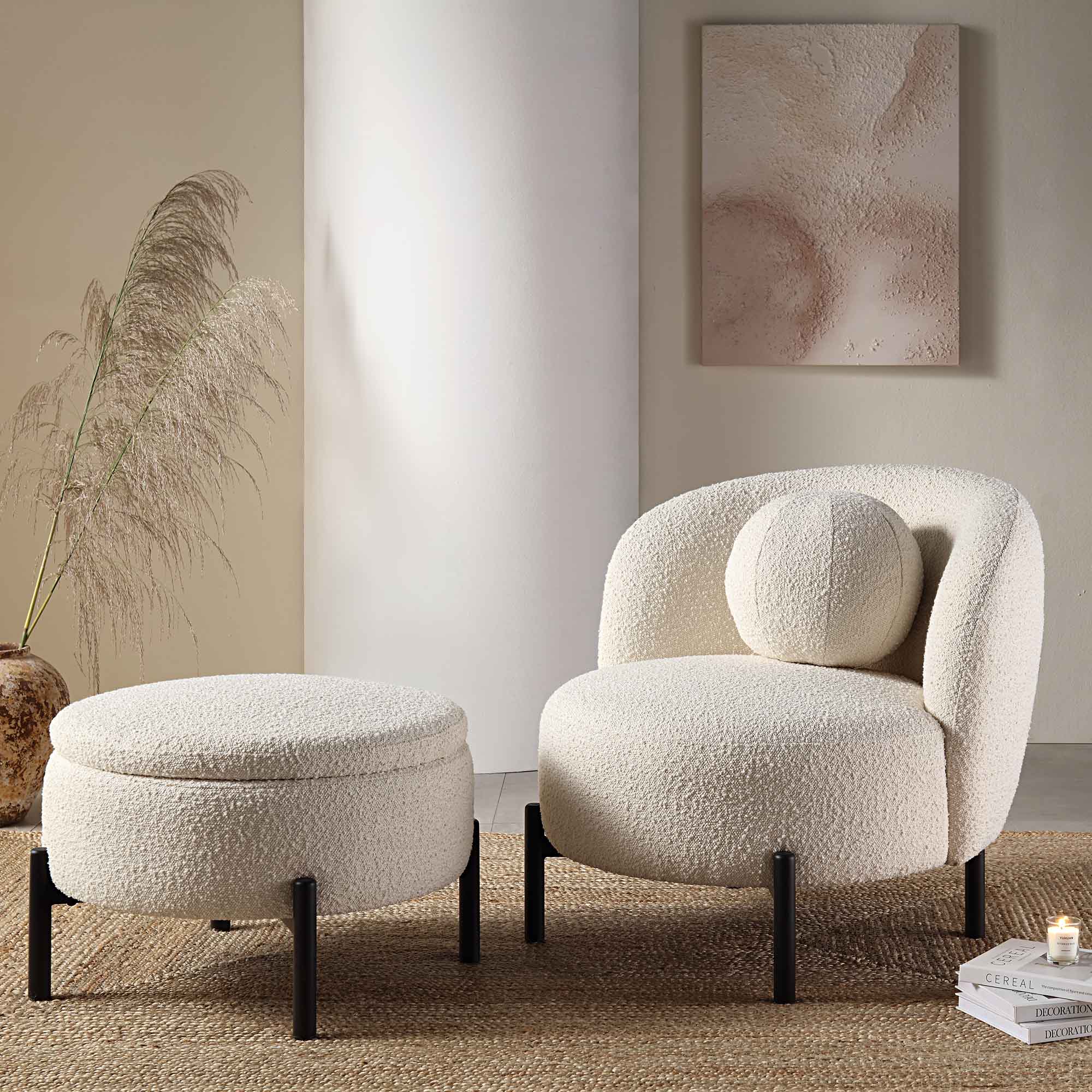 Amboise Armchair with Ball Cushion, Ecru Boucle