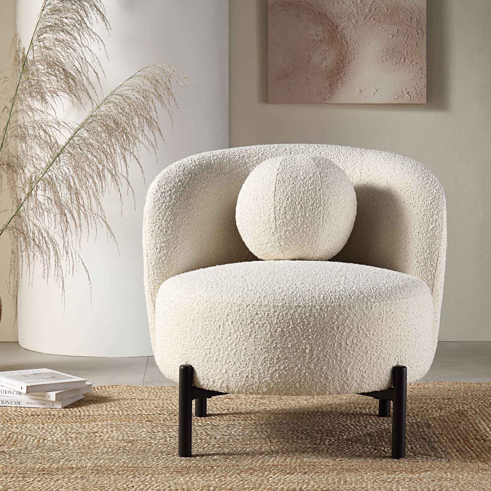 Amboise Armchair with Ball Cushion, Ecru Boucle