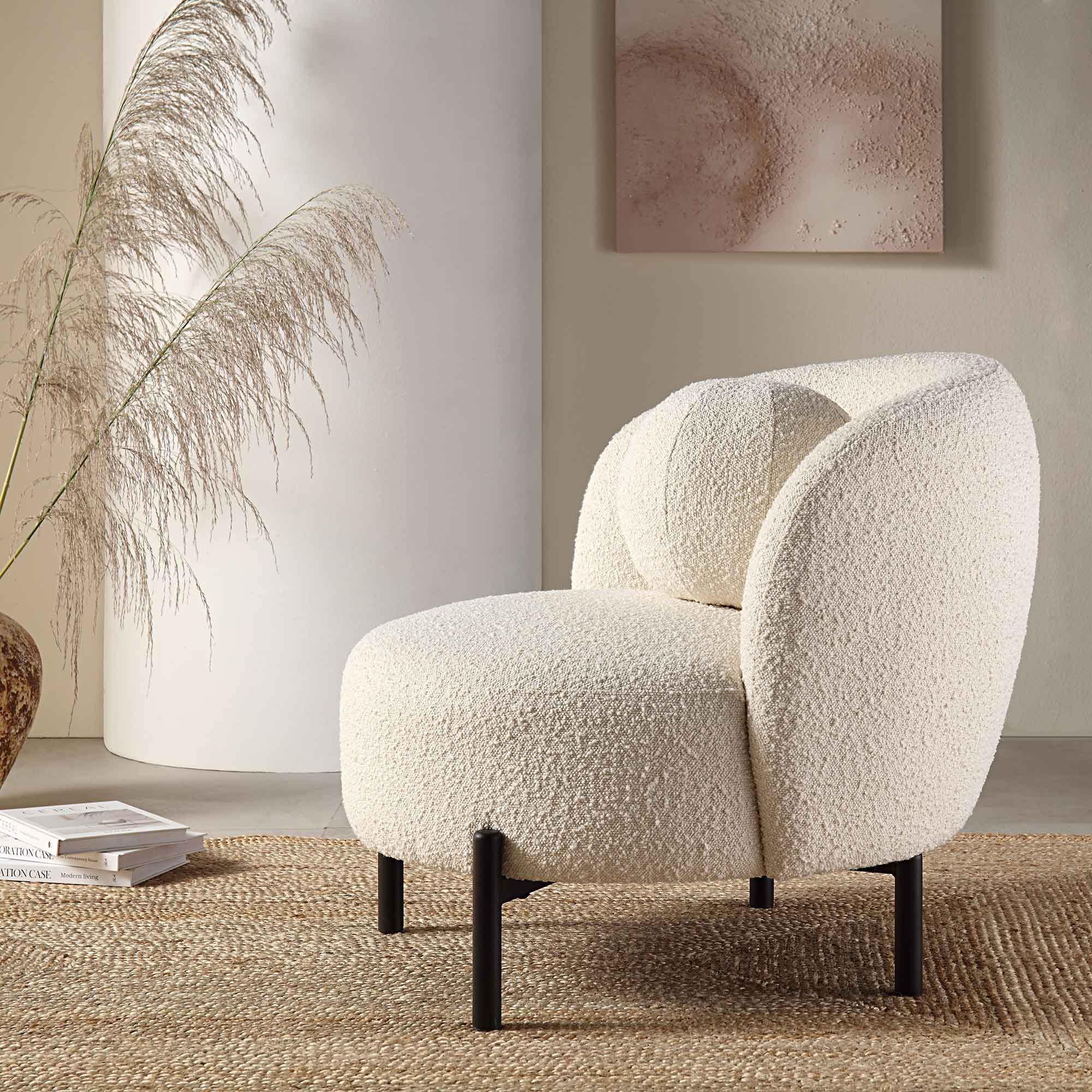 Amboise Armchair with Ball Cushion, Ecru Boucle