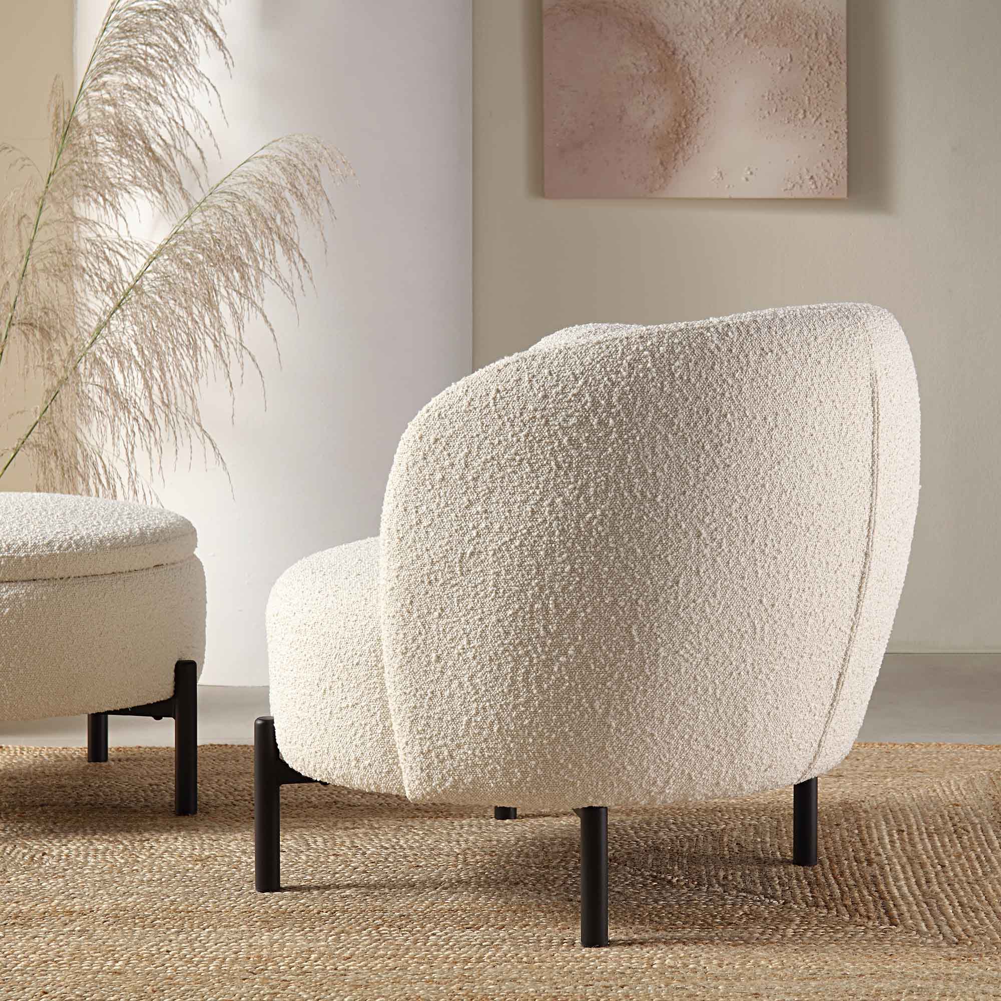 Amboise Armchair with Ball Cushion, Ecru Boucle