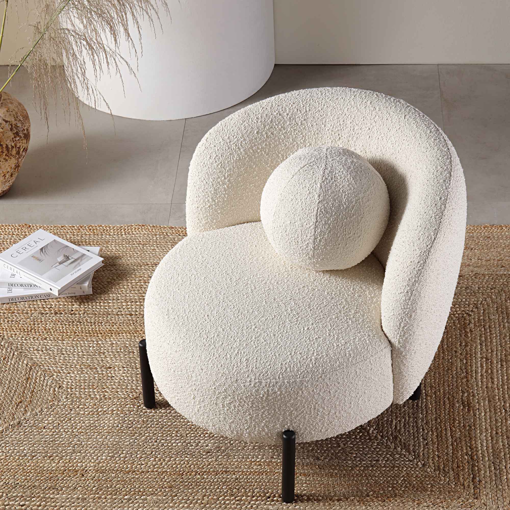 Amboise Armchair with Ball Cushion, Ecru Boucle