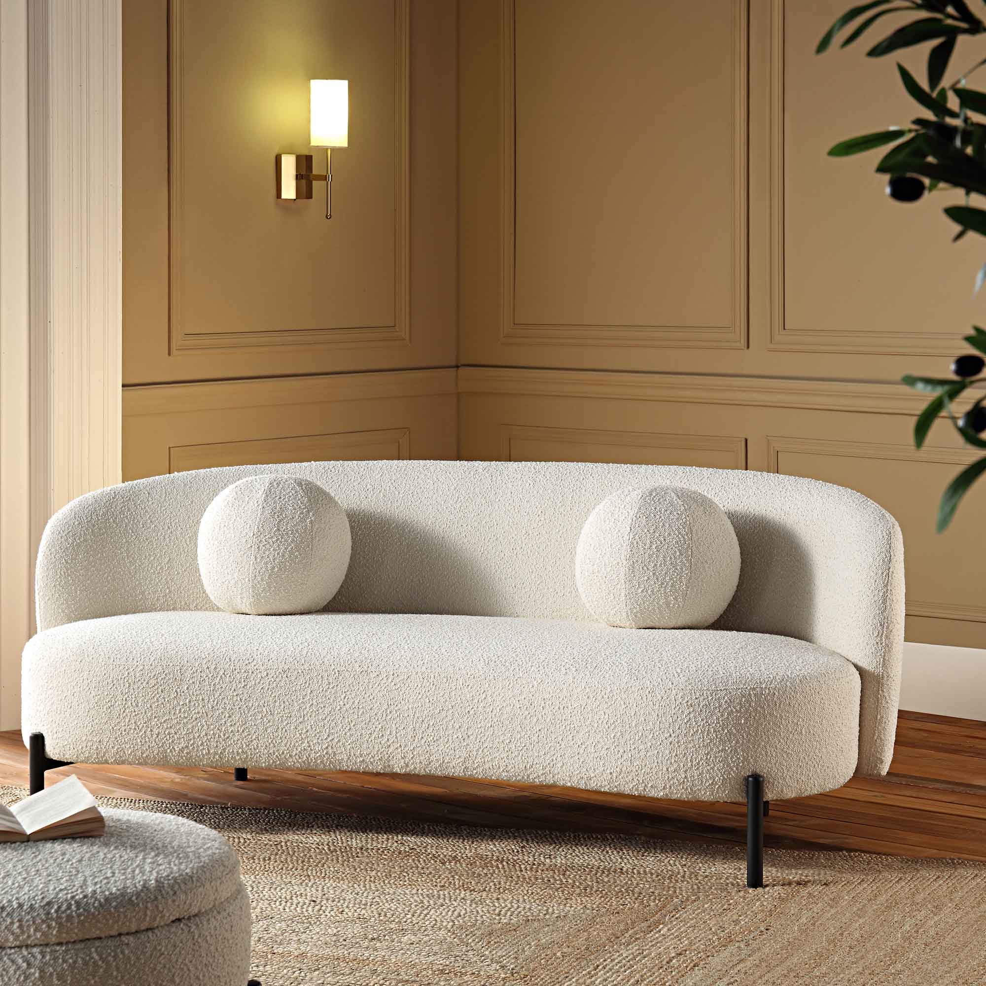 Amboise 3-Seater Curved Sofa with Ball Cushions, Ecru Boucle