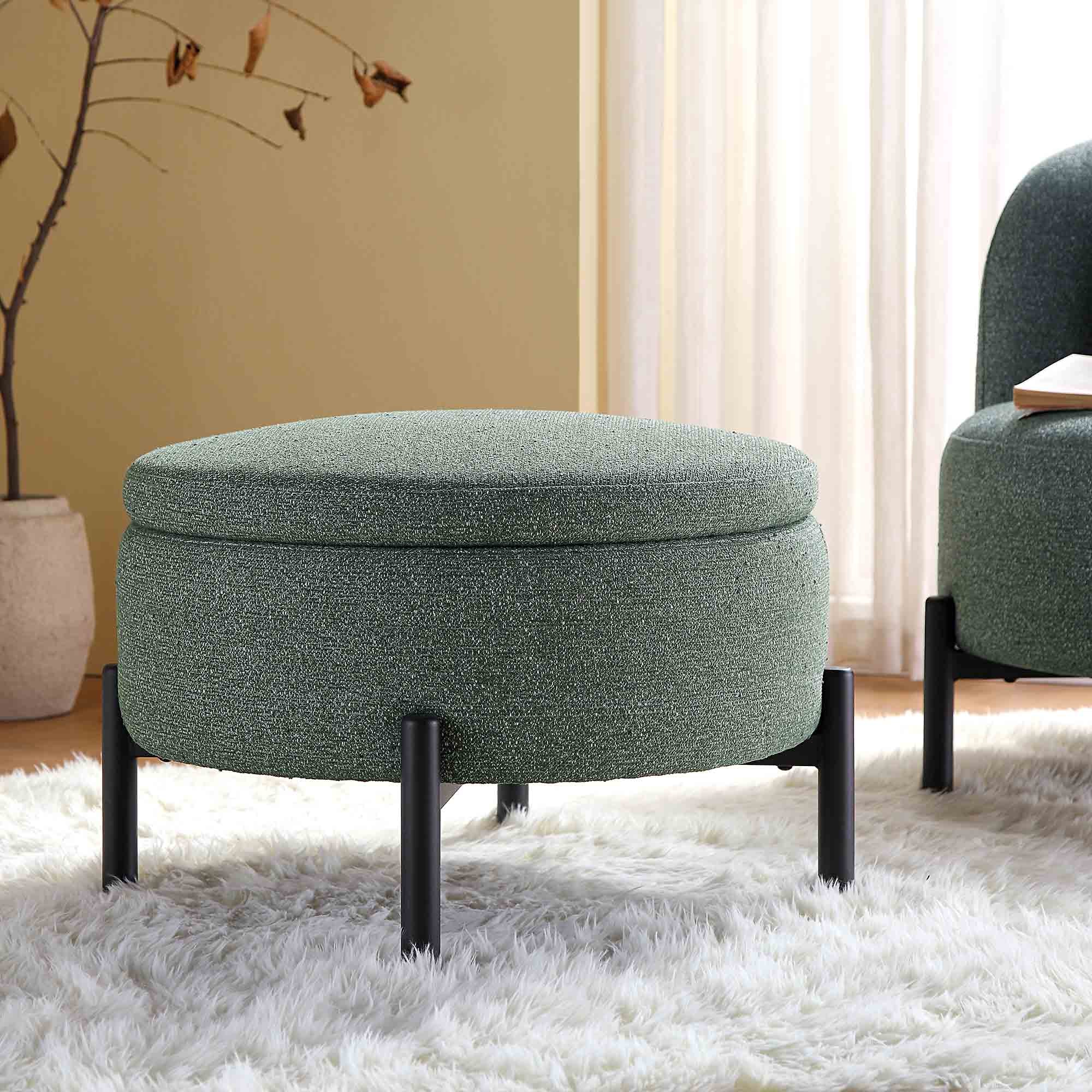 Amboise Round Storage Pouffe, Spruce Green Textured Fabric