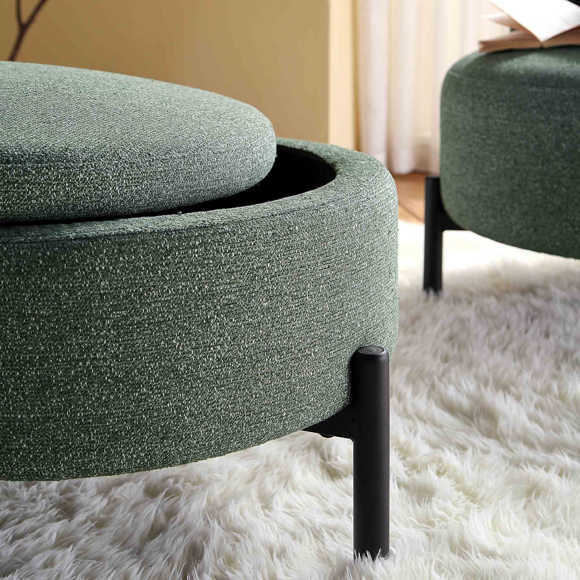 Amboise Round Storage Pouffe, Spruce Green Textured Fabric