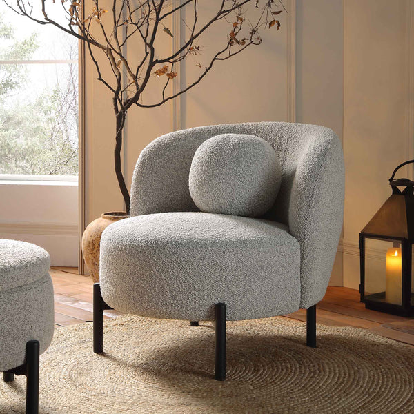 Amboise Armchair with Ball Cushion, Mist Grey Boucle