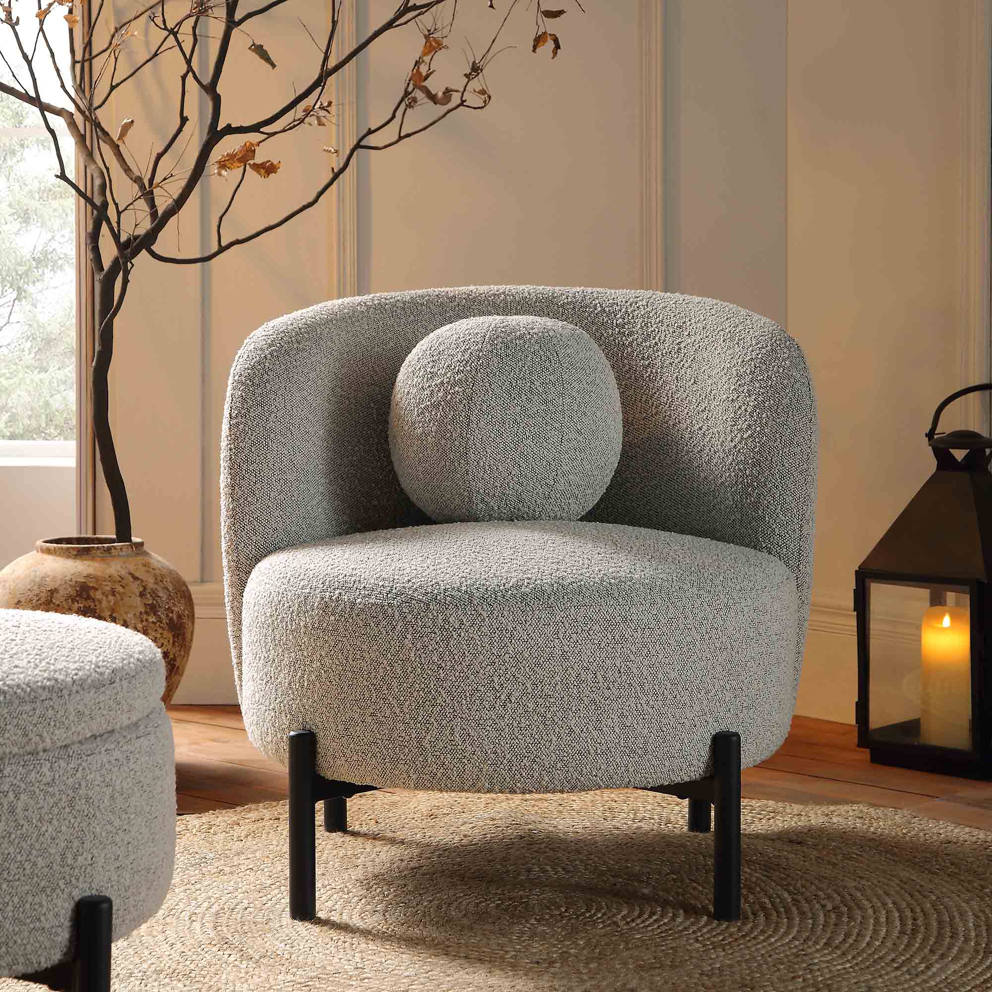 Amboise Armchair with Ball Cushion, Mist Grey Boucle