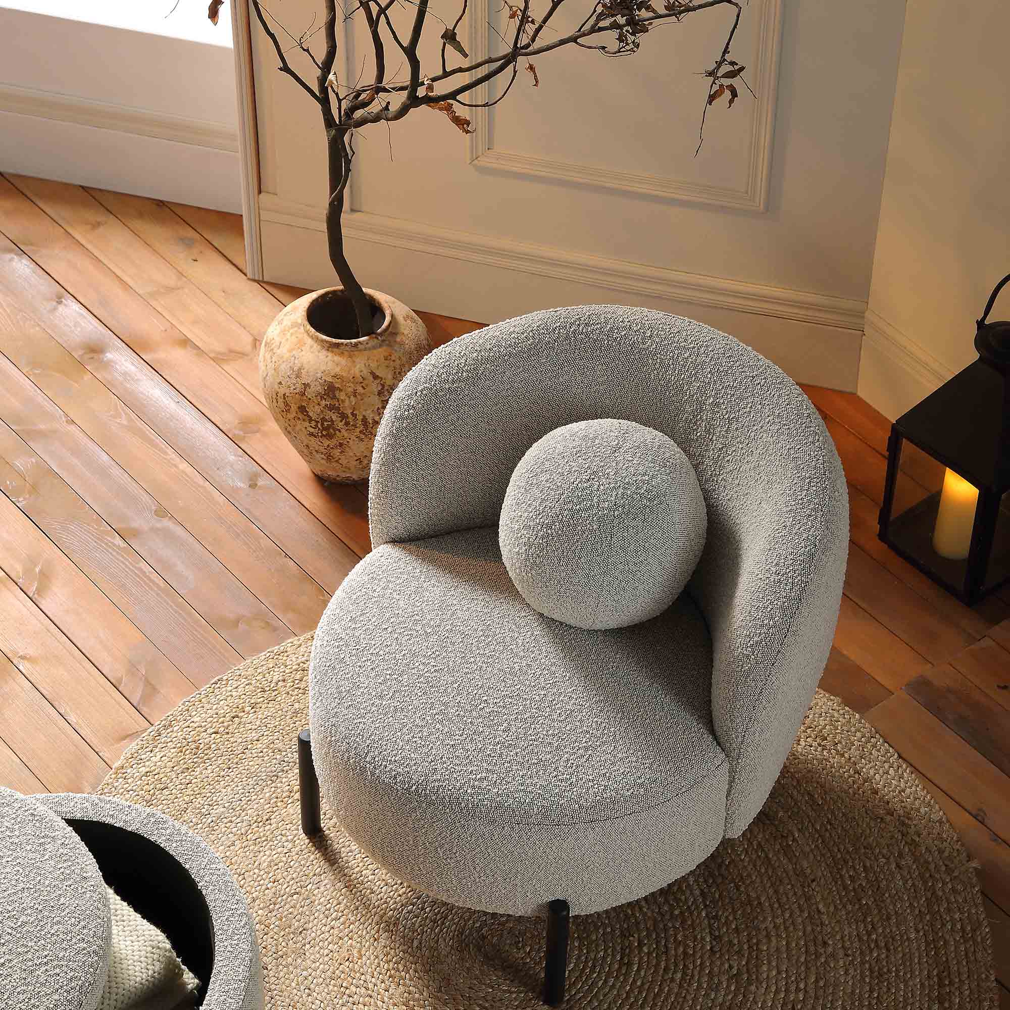 Amboise Armchair with Ball Cushion, Mist Grey Boucle