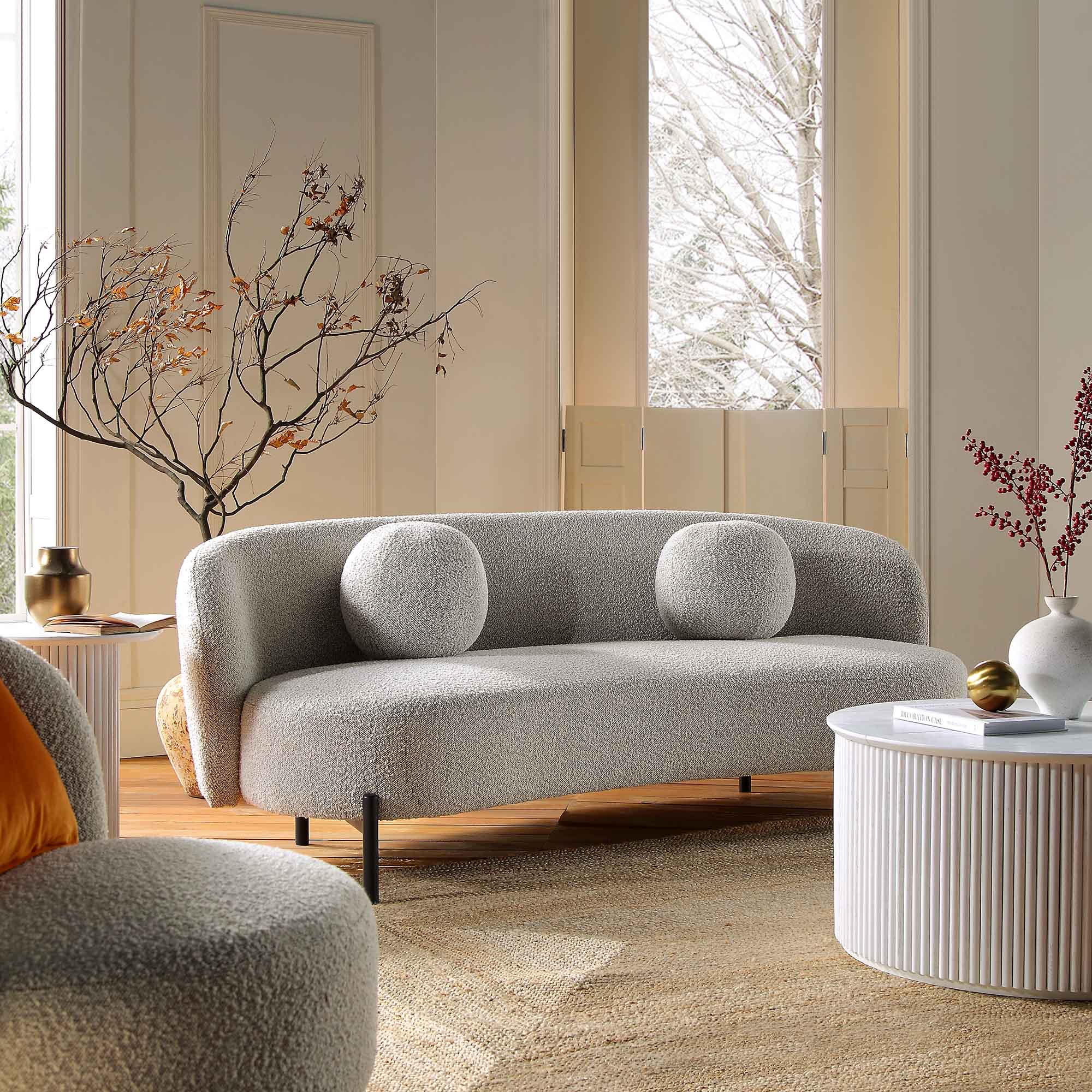 Amboise 3-Seater Curved Sofa with Ball Cushions, Mist Grey Boucle