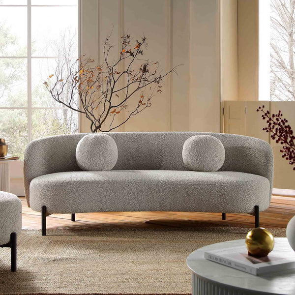 Amboise 3-Seater Curved Sofa with Ball Cushions, Mist Grey Boucle