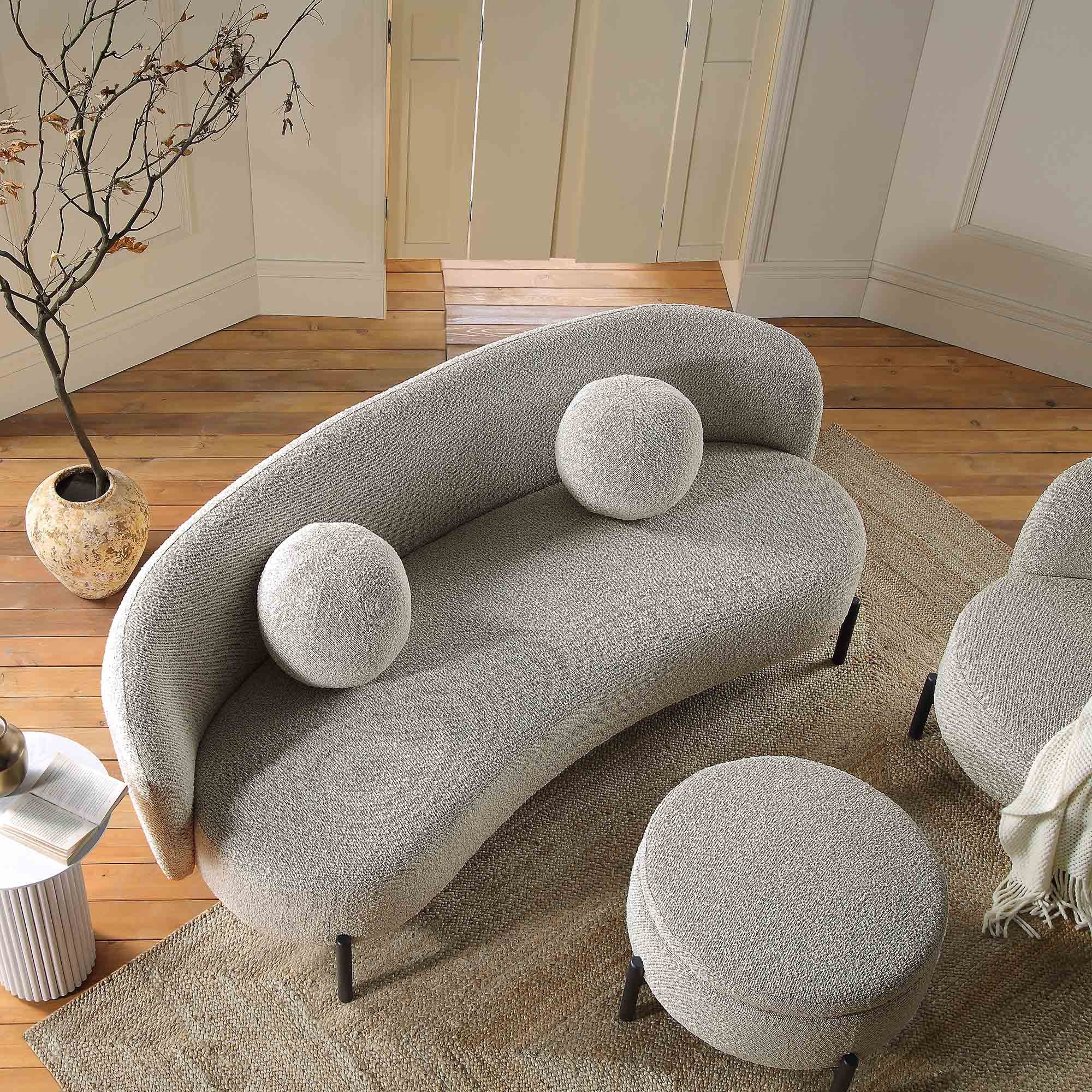 Amboise 3-Seater Curved Sofa with Ball Cushions, Mist Grey Boucle