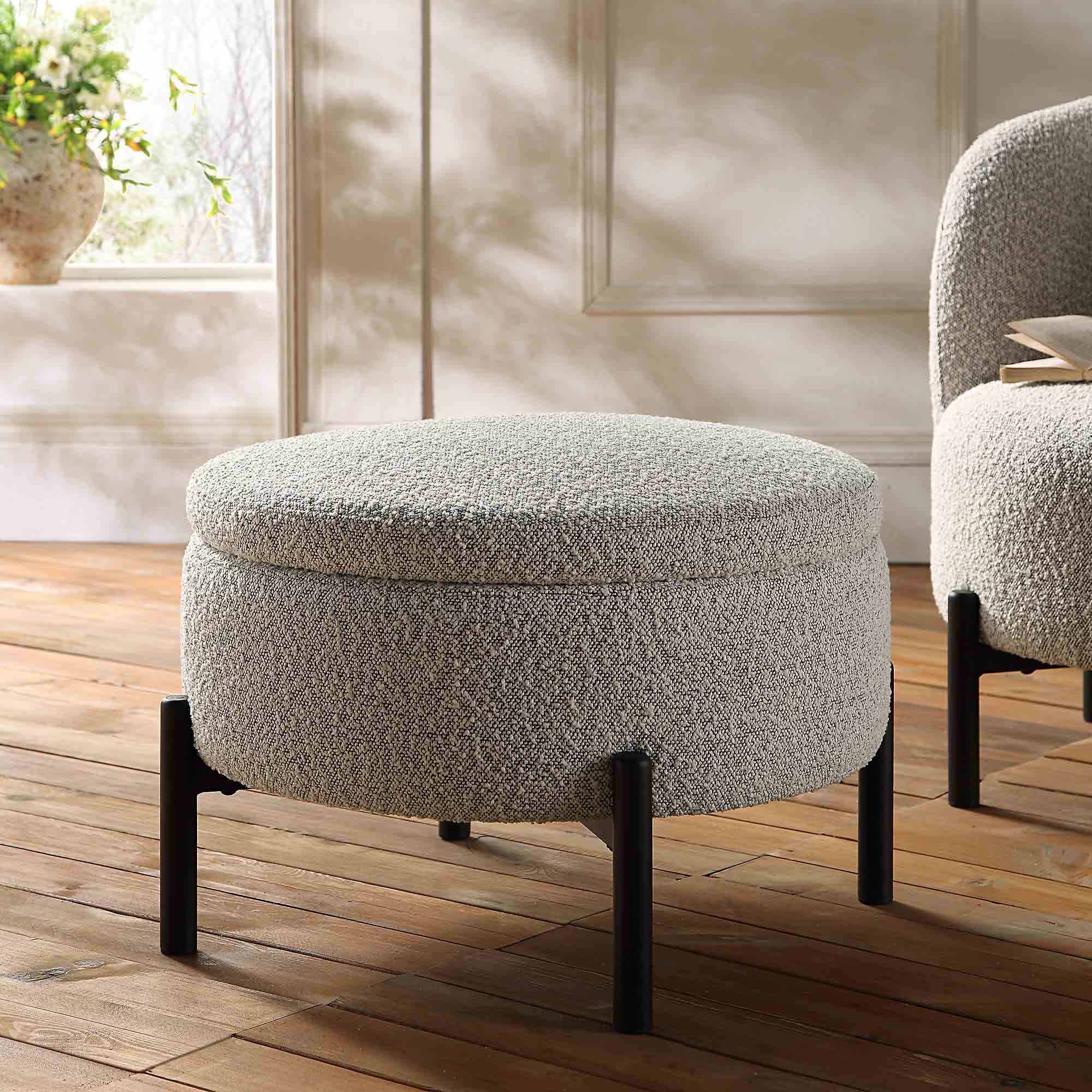 Amboise Round Storage Pouffe, Mist Grey Boucle