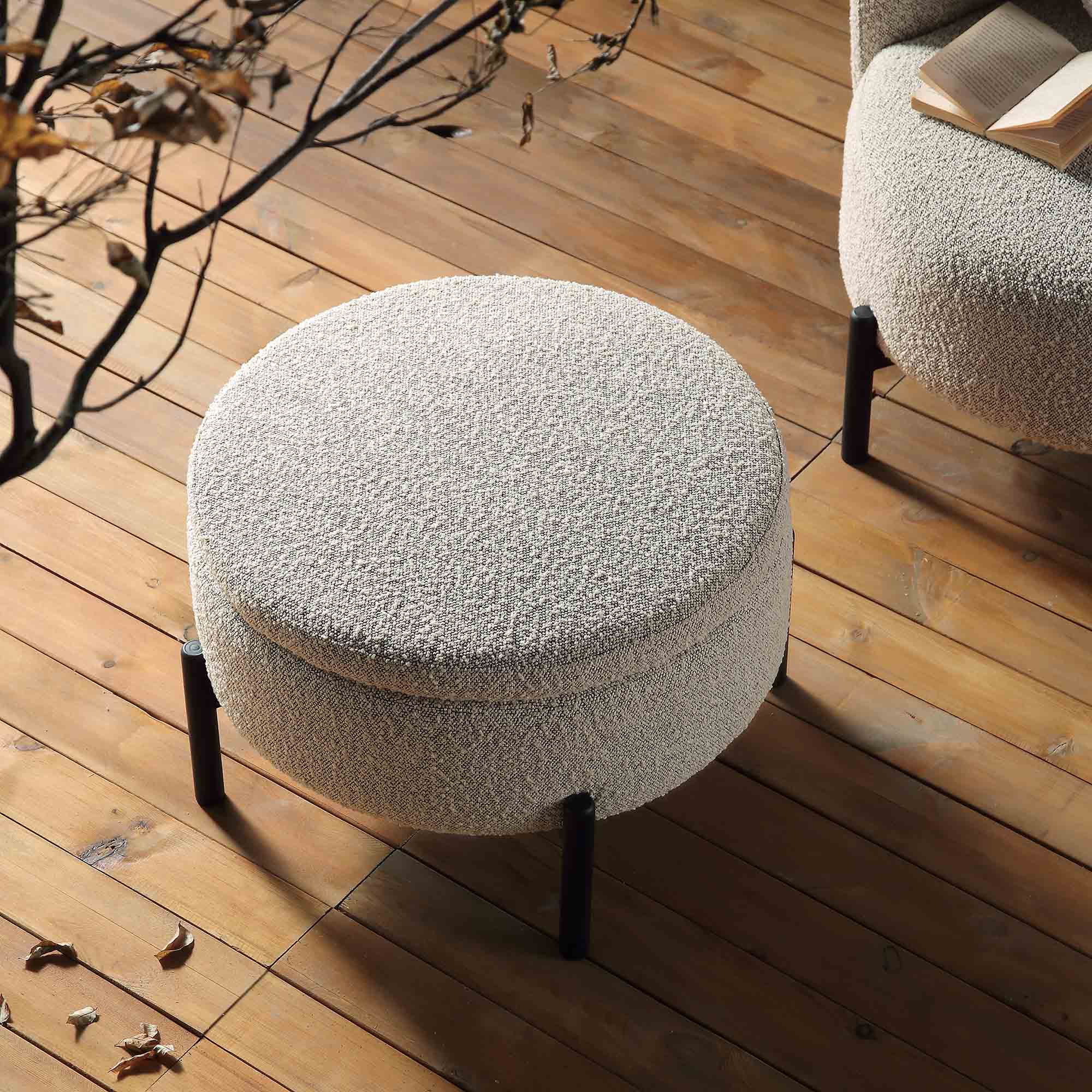 Amboise Round Storage Pouffe, Mist Grey Boucle