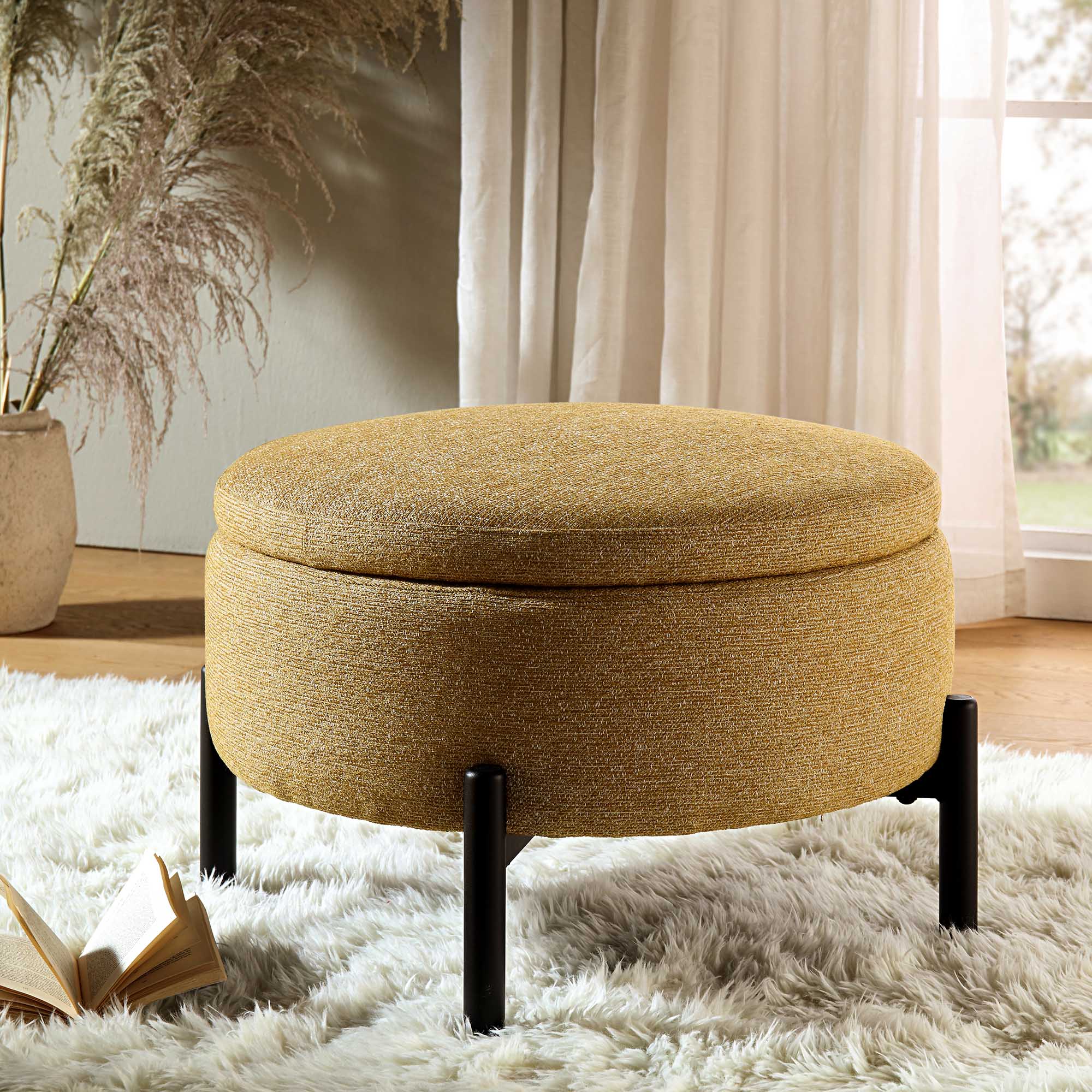 Amboise Round Storage Pouffe, Marigold Textured Fabric