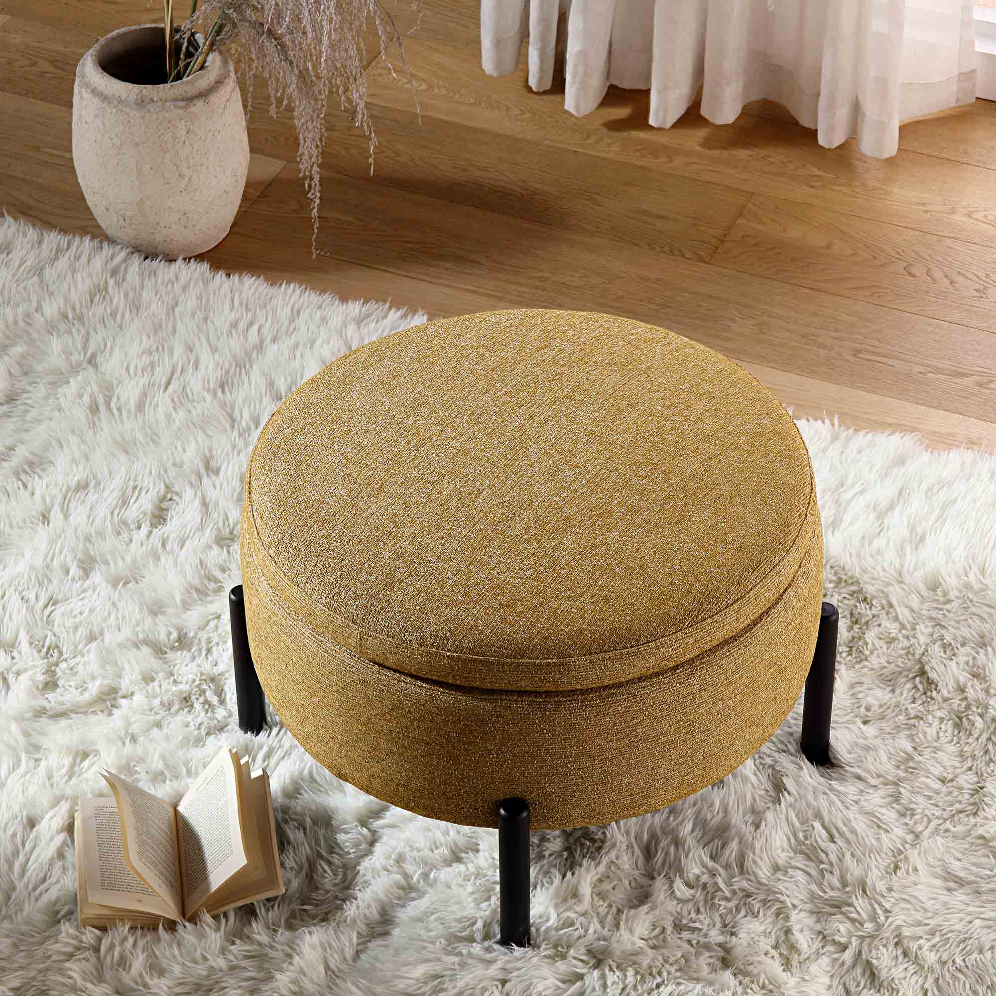 Amboise Round Storage Pouffe, Marigold Textured Fabric