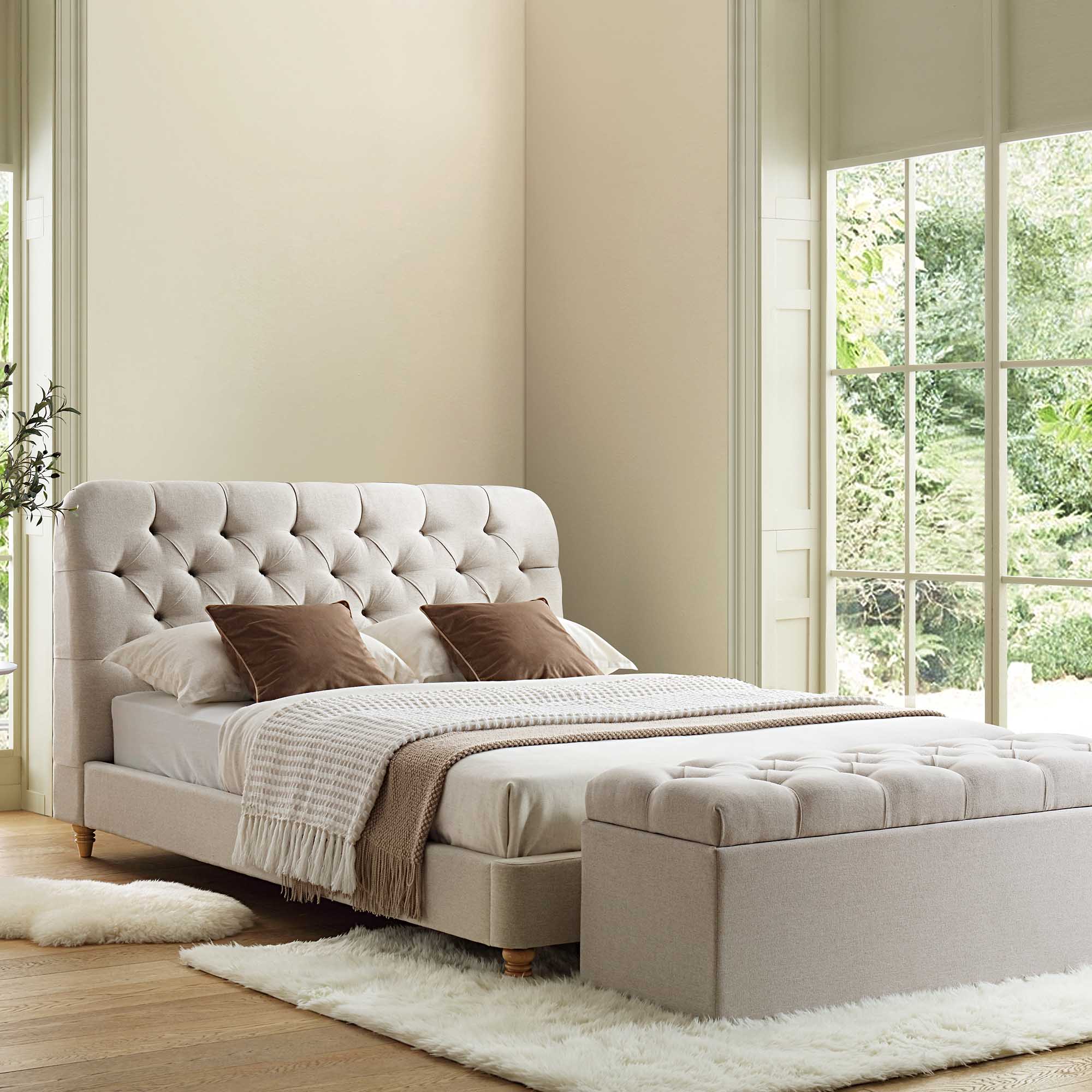 Leamington Deep-Buttoned Upholstered Bed, Oatmeal Fabric