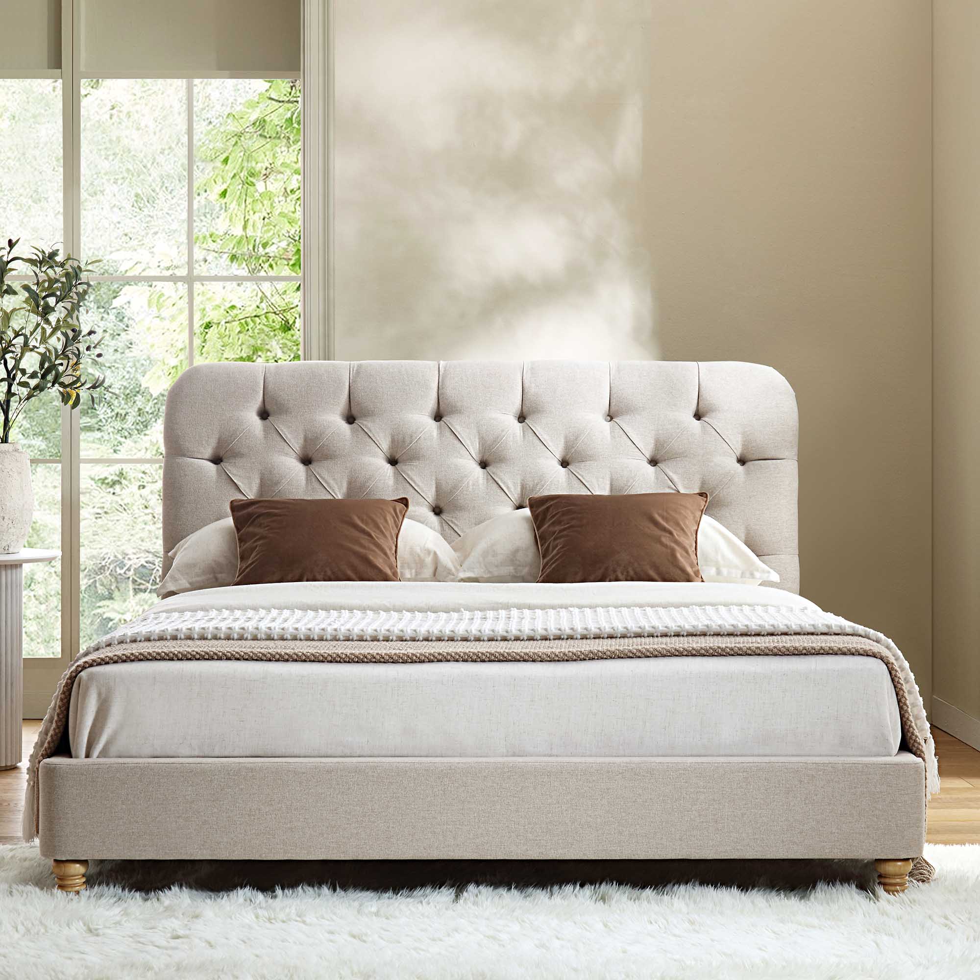 Leamington Deep-Buttoned Upholstered Bed, Oatmeal Fabric