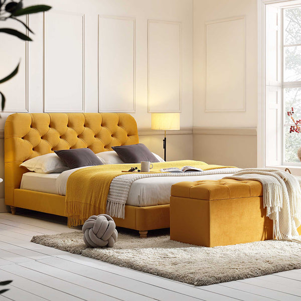 Leamington Deep-Buttoned Upholstered Bed, Turmeric Yellow Velvet