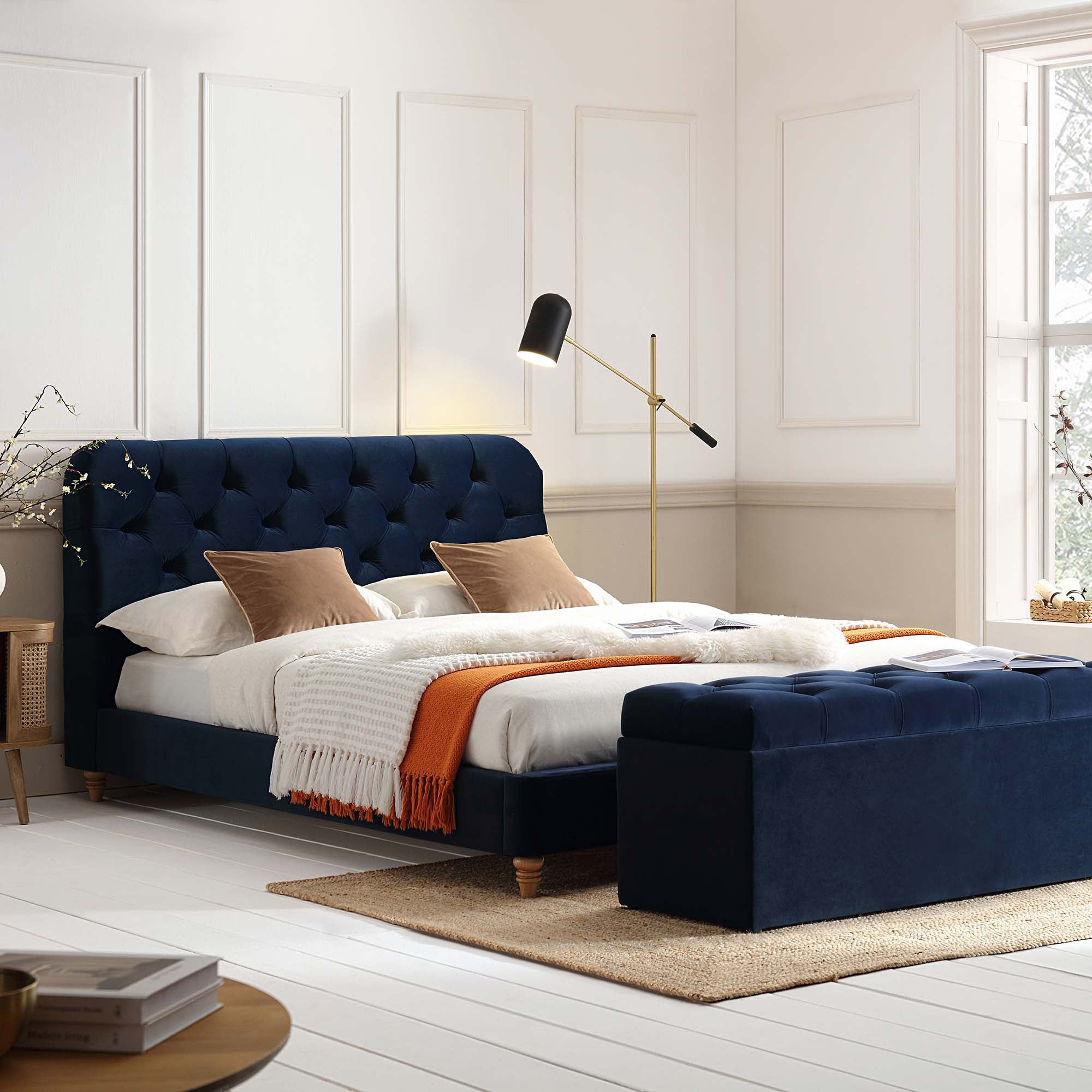 Leamington Deep-Buttoned Upholstered Bed, Midnight Blue Velvet