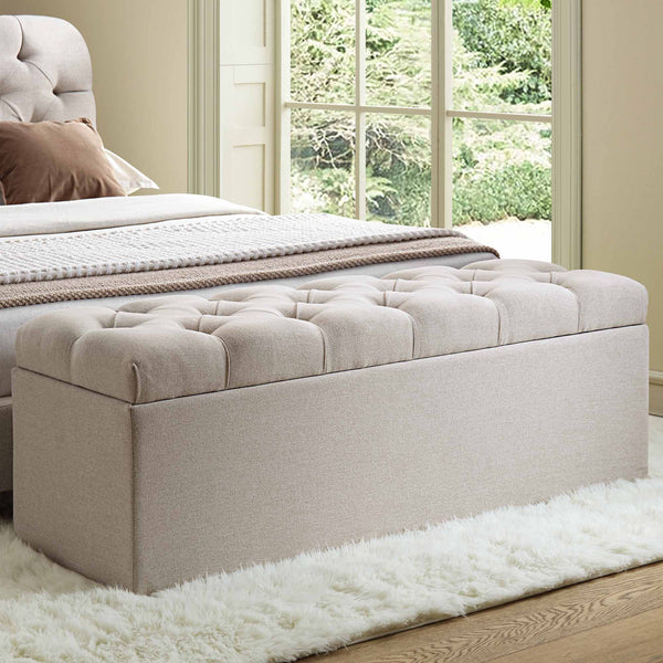 Leamington Deep-Buttoned Ottoman Storage Bench, Oatmeal Fabric