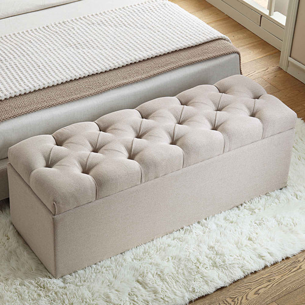 Leamington Deep-Buttoned Ottoman Storage Bench, Oatmeal Fabric