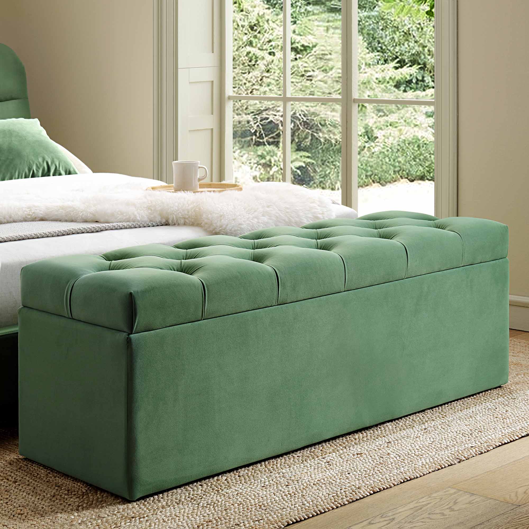 Leamington Deep-Buttoned Ottoman Storage Bench, Meadow Green Velvet