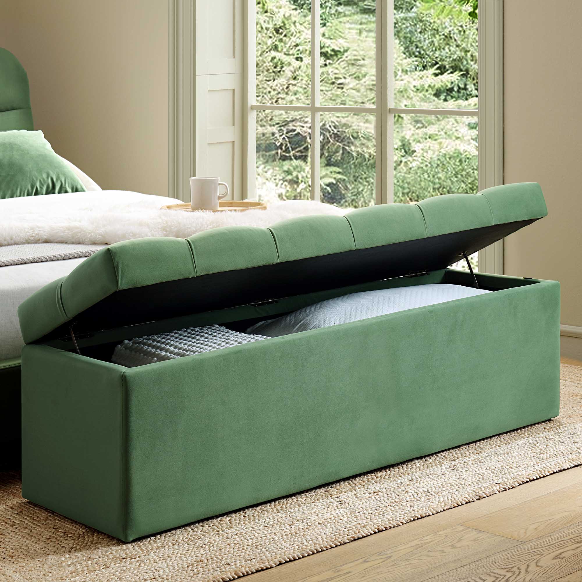 Leamington Deep-Buttoned Ottoman Storage Bench, Meadow Green Velvet