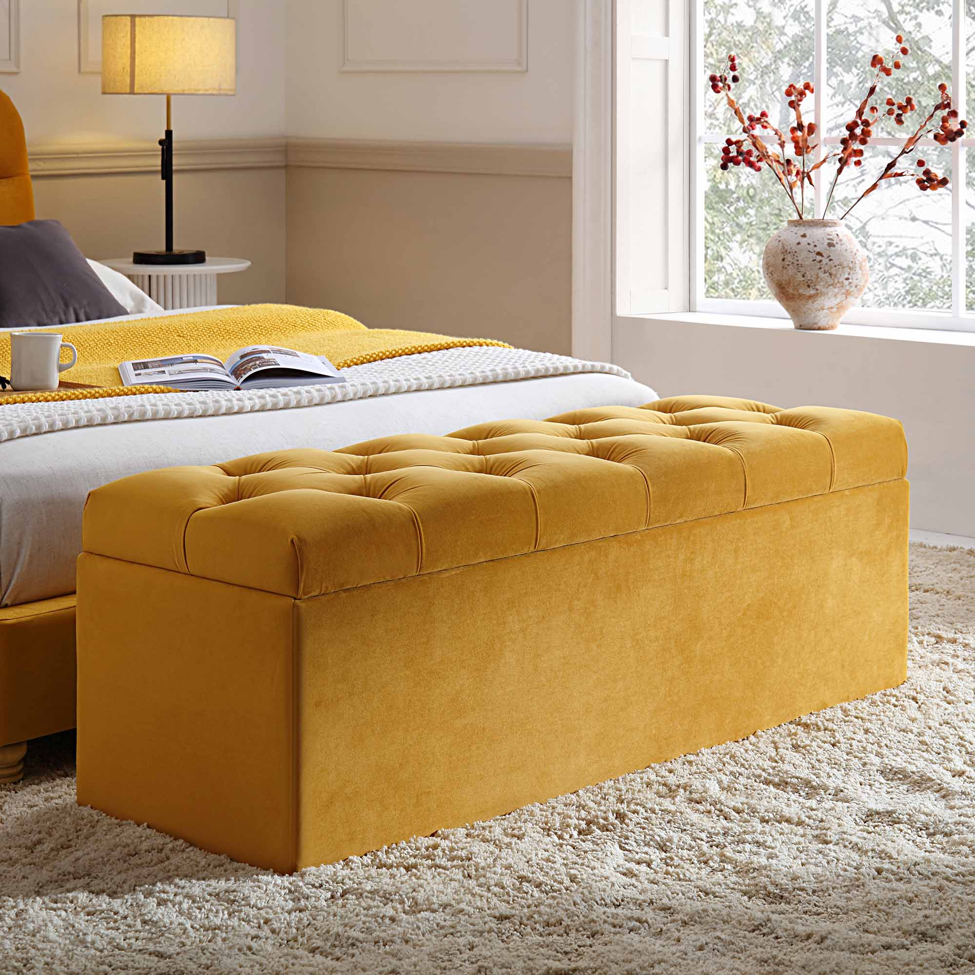 Leamington Deep-Buttoned Ottoman Storage Bench, Turmeric Yellow Velvet