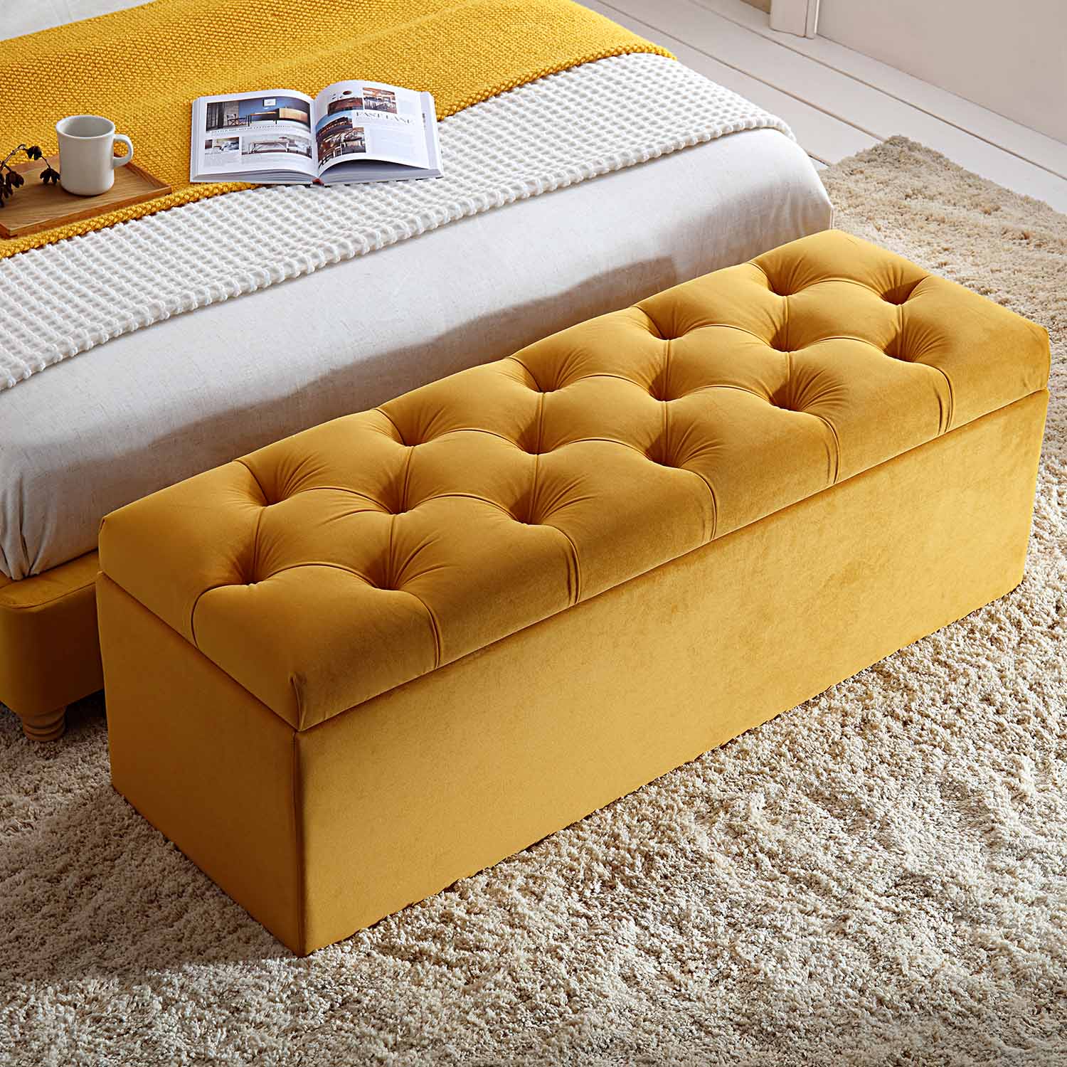 Leamington Deep-Buttoned Ottoman Storage Bench, Turmeric Yellow Velvet