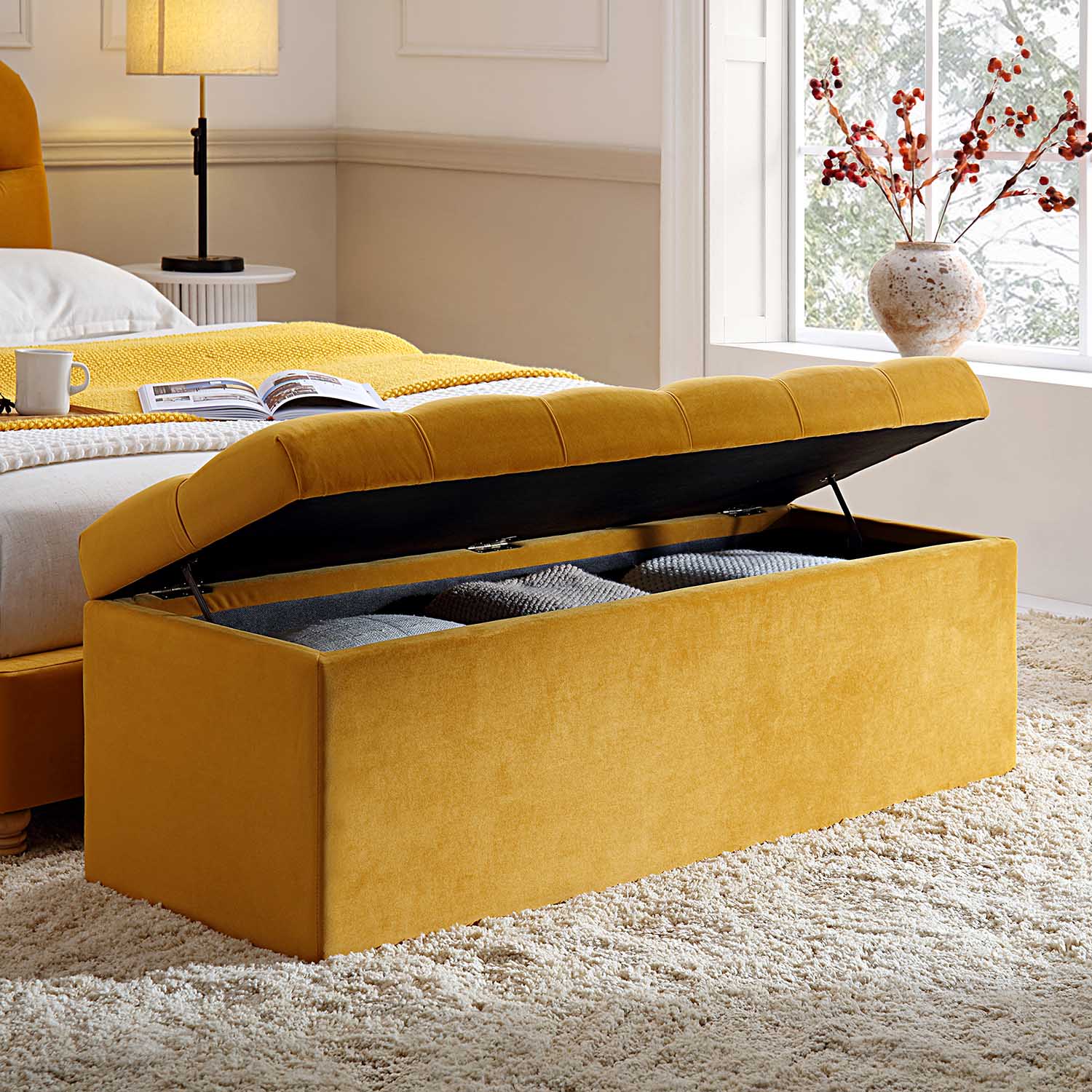 Leamington Deep-Buttoned Ottoman Storage Bench, Turmeric Yellow Velvet