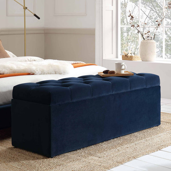 Leamington Deep-Buttoned Ottoman Storage Bench, Midnight Blue Velvet