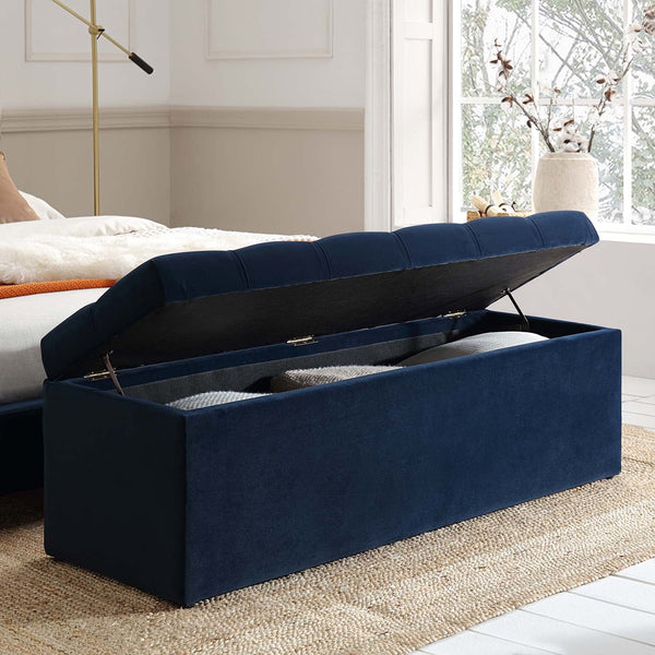 Leamington Deep-Buttoned Ottoman Storage Bench, Midnight Blue Velvet