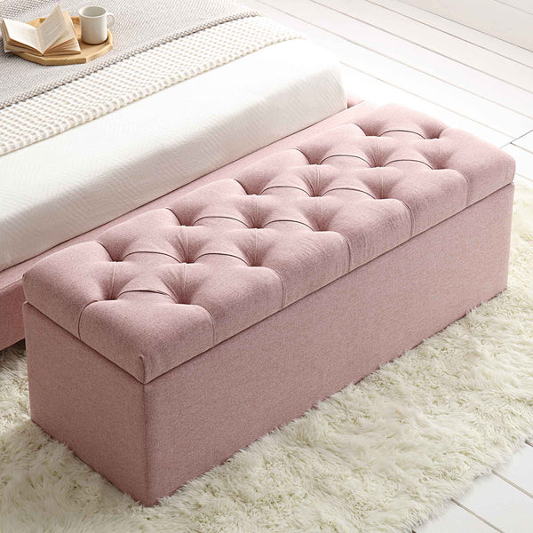 Leamington Deep-Buttoned Ottoman Storage Bench, Rosewater Pink Fabric